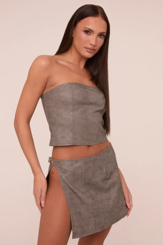 Grey Faux Leather Bandeau Crop Top & Side Slit Mini Skirt Co-ord Set - Peyton sold by Rebellious Fashion