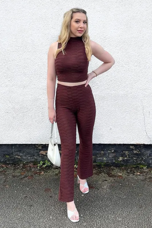 Chocolate High Neck Crop Top & Flare Pants Set - Dailyn sold by Rebellious Fashion