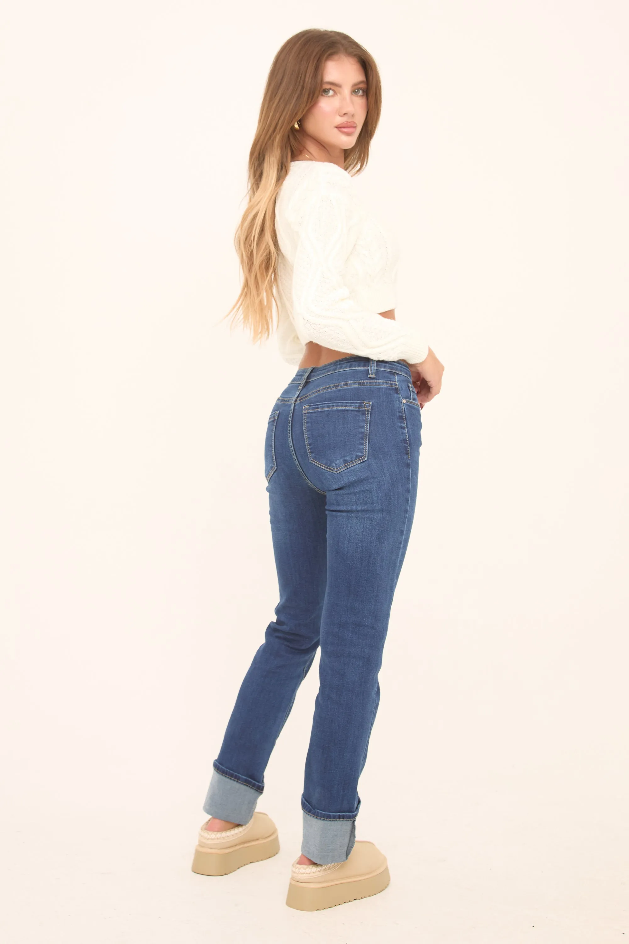 Mid Blue Stretch Turn Up Hem Straight Leg Jeans - Roy sold by Rebellious Fashion product image thumbnail 5