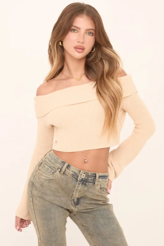 Beige Knit Bardot Long sleeves Cropped Jumper Top - Roberta sold by Rebellious Fashion