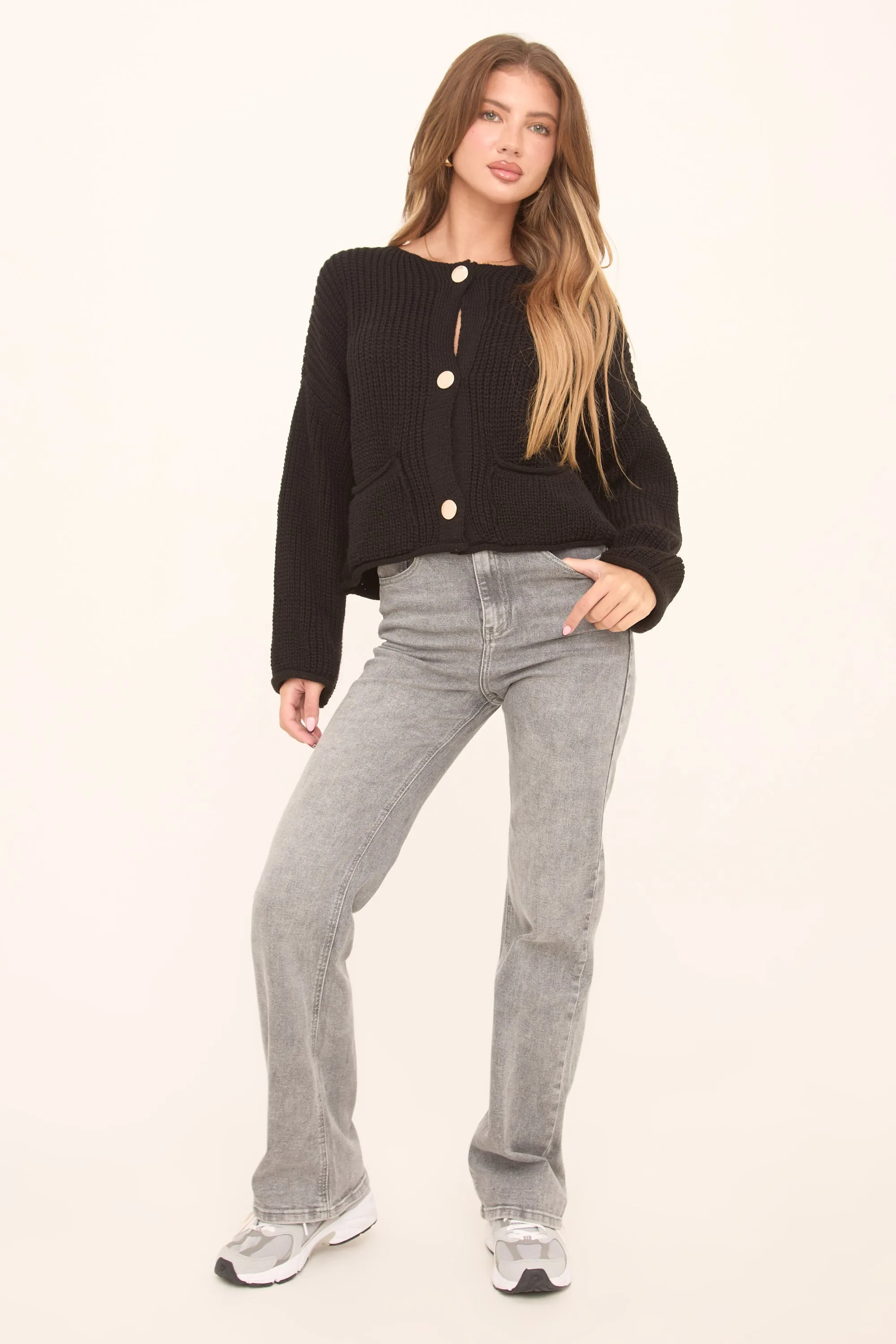 Black Knit Round Neck Long Sleeves Cardigan - Edna sold by Rebellious Fashion product image thumbnail 3
