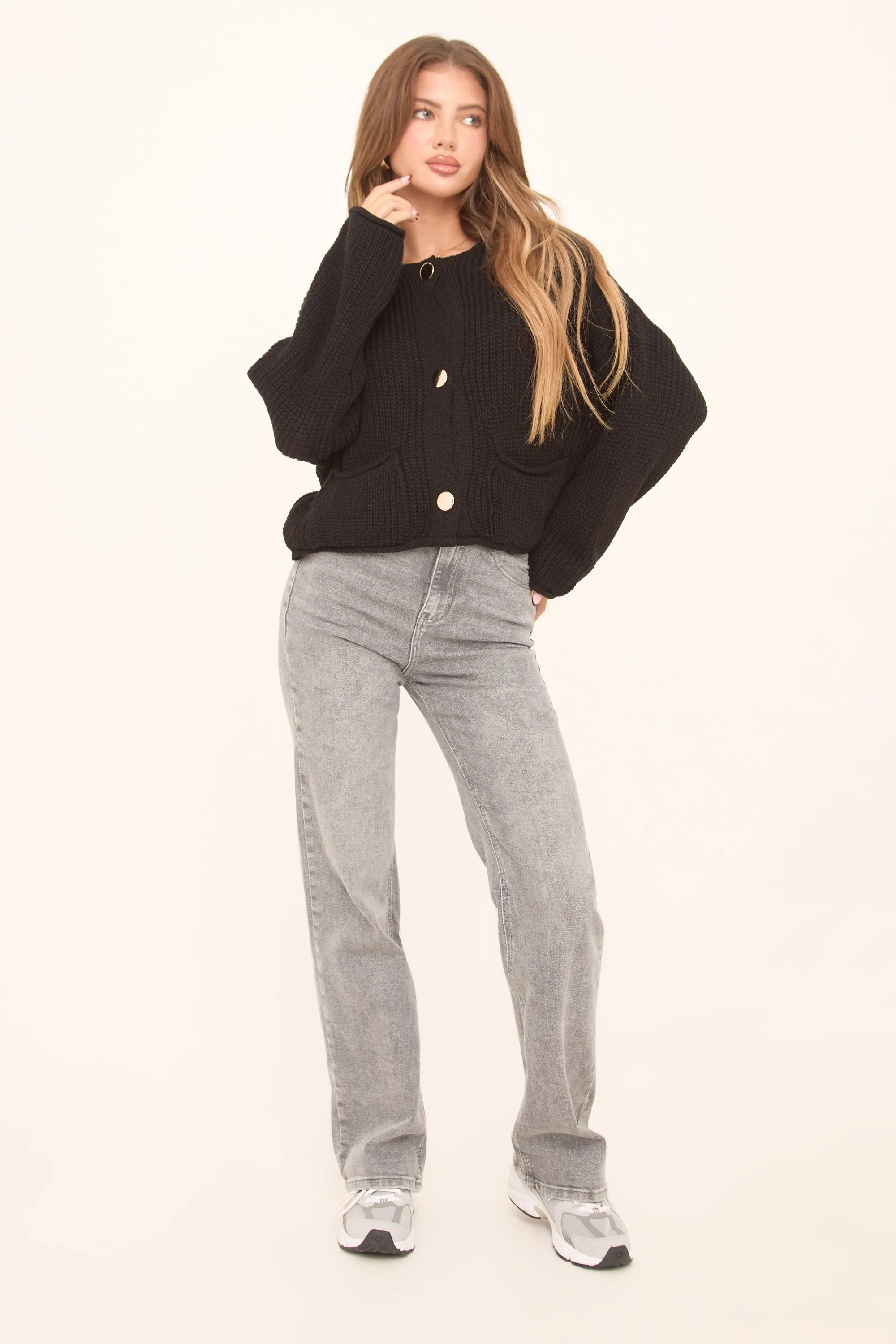 Black Knit Round Neck Long Sleeves Cardigan - Edna sold by Rebellious Fashion product image thumbnail 2