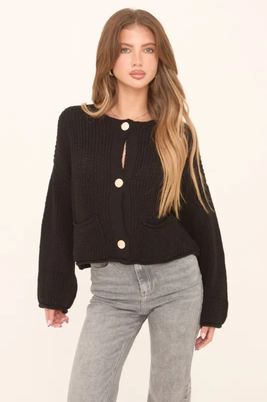 Black Knit Round Neck Long Sleeves Cardigan - Edna sold by Rebellious Fashion