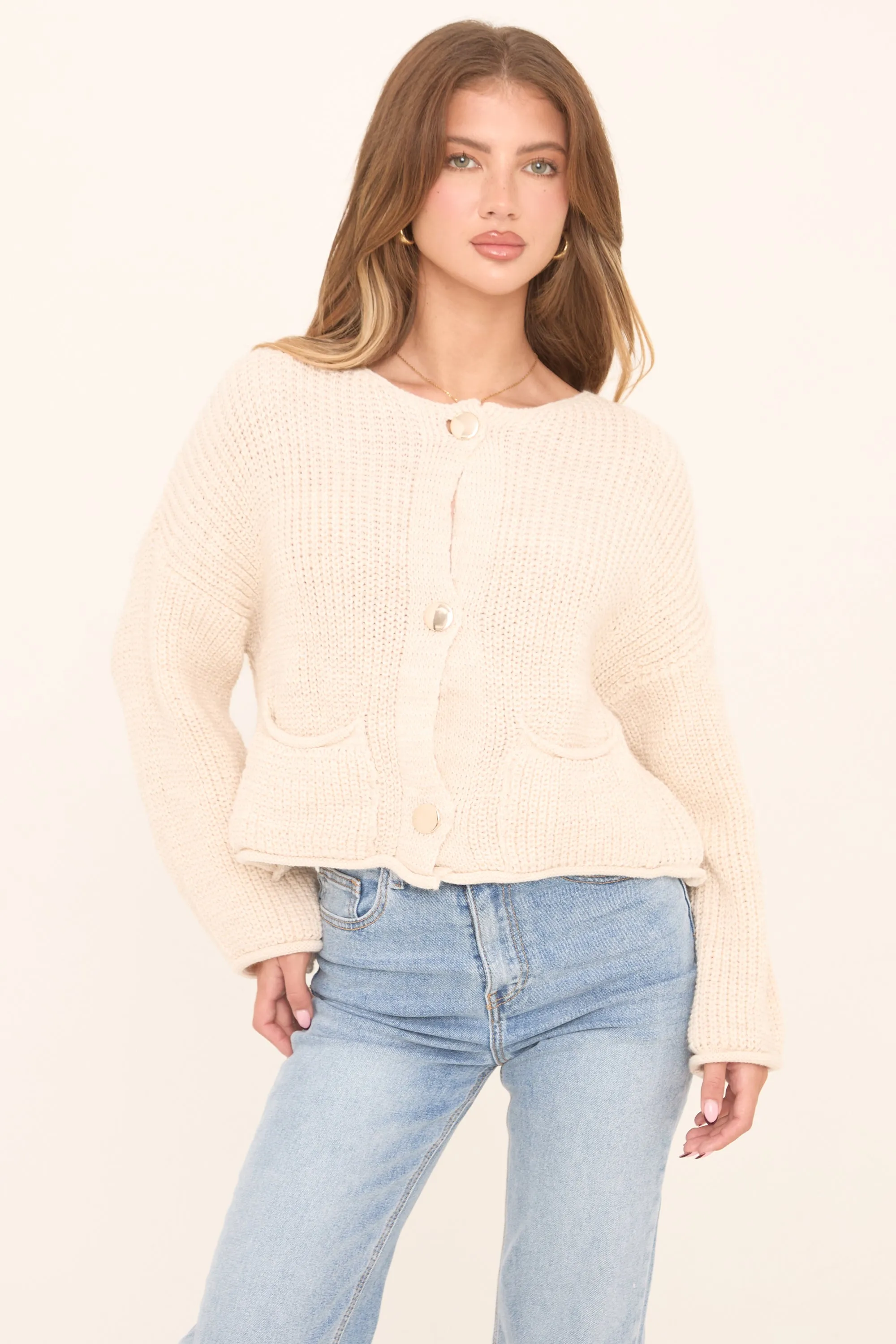 Beige Knit Round Neck Long Sleeves Cardigan - Edna sold by Rebellious Fashion