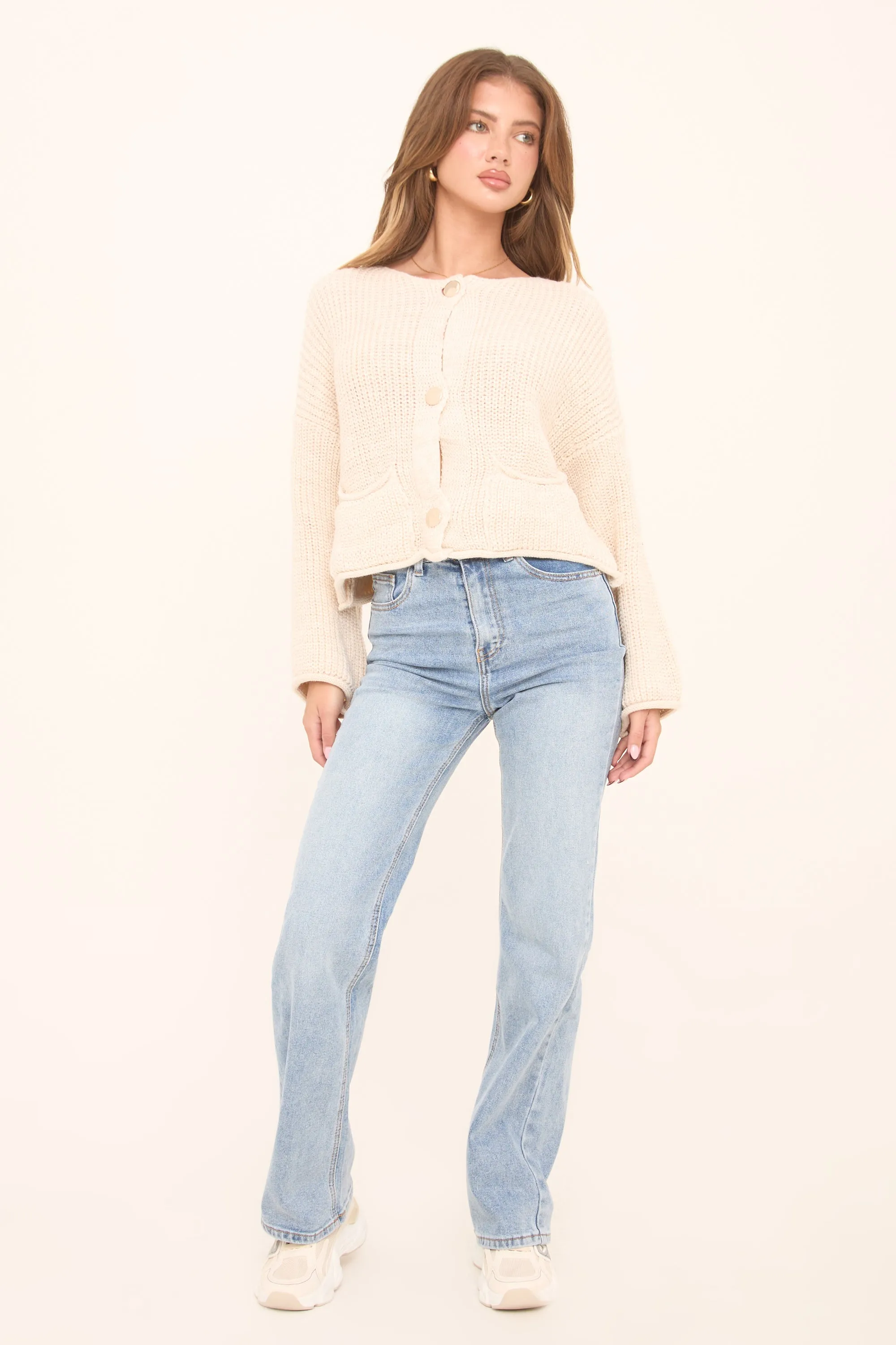 Beige Knit Round Neck Long Sleeves Cardigan - Edna sold by Rebellious Fashion product image thumbnail 2