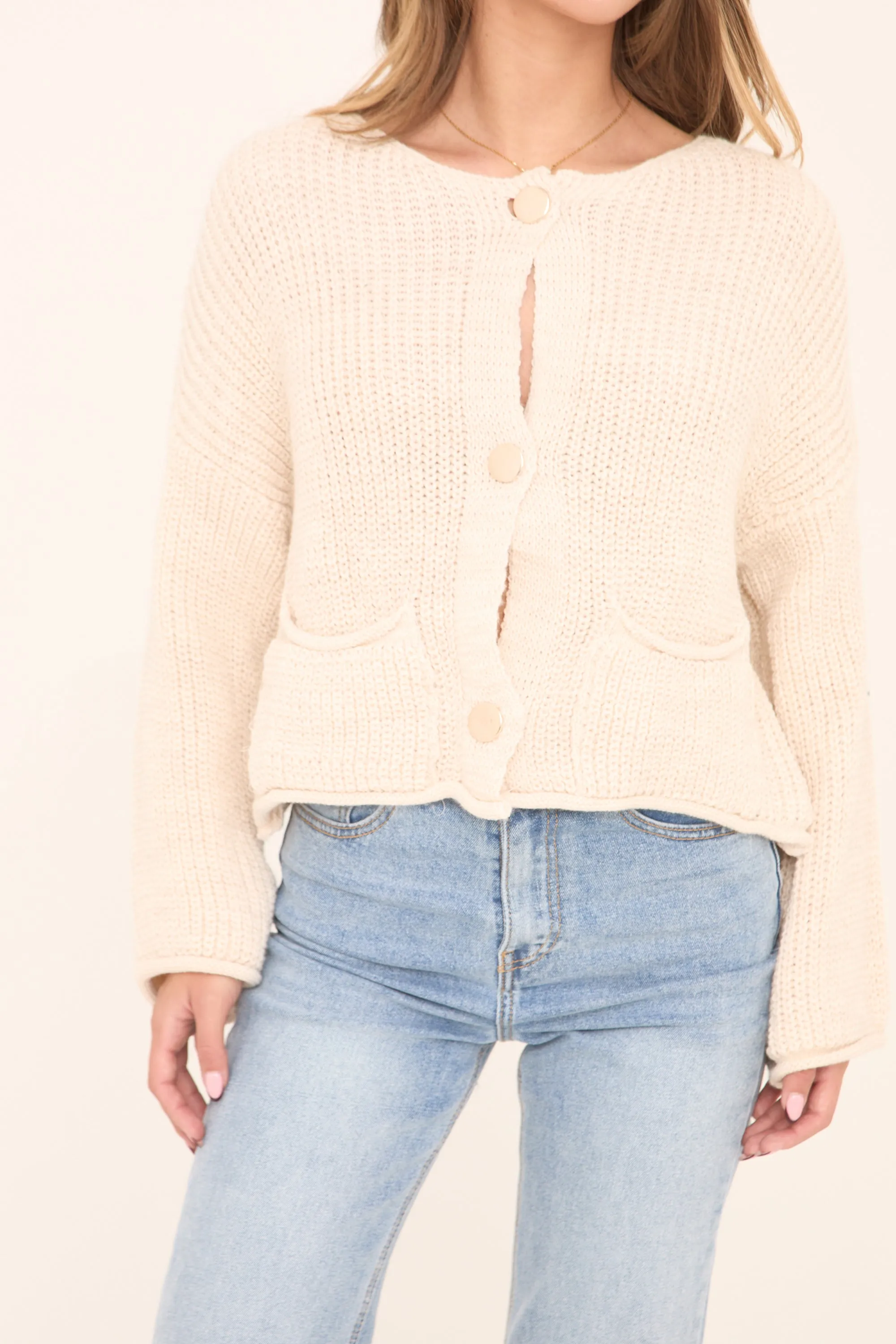 Beige Knit Round Neck Long Sleeves Cardigan - Edna sold by Rebellious Fashion product image thumbnail 3