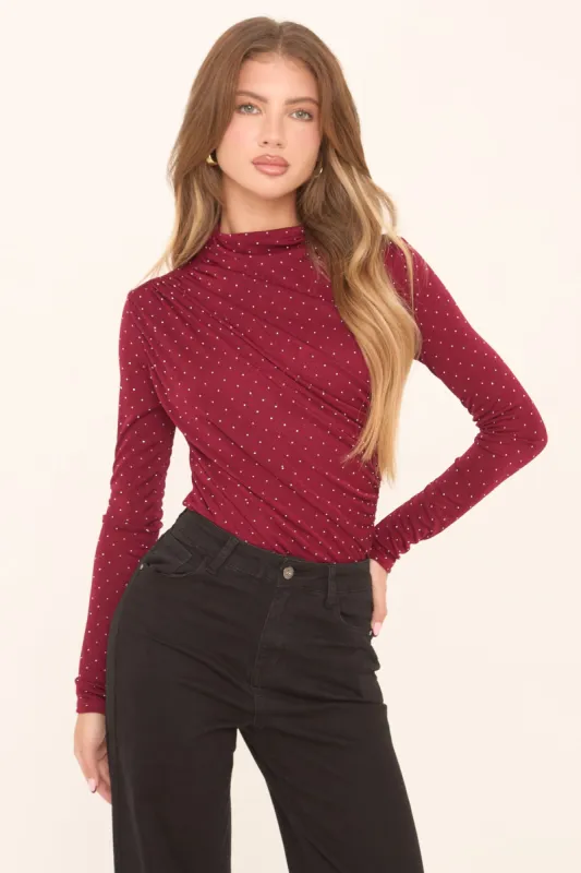 Burgundy Ruching Detail Long Sleeves Bodysuit - Quinn sold by Rebellious Fashion