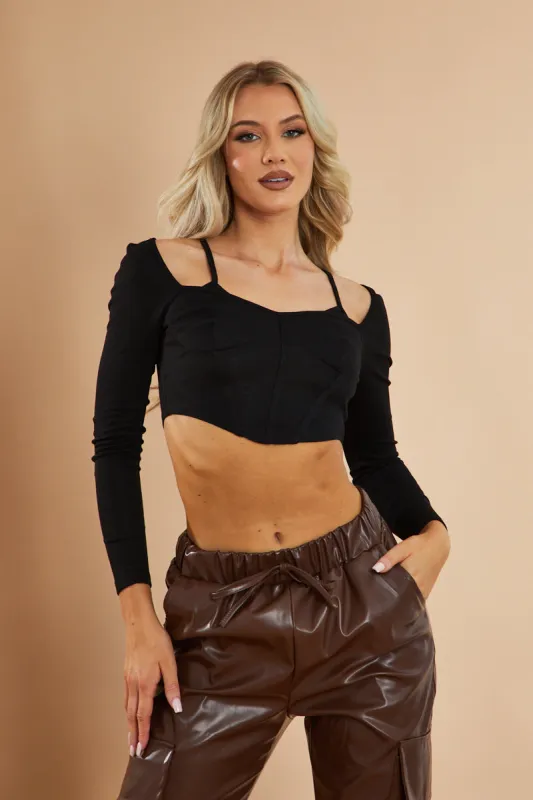 Black Corset Detail Cropped Top - Alina sold by Rebellious Fashion