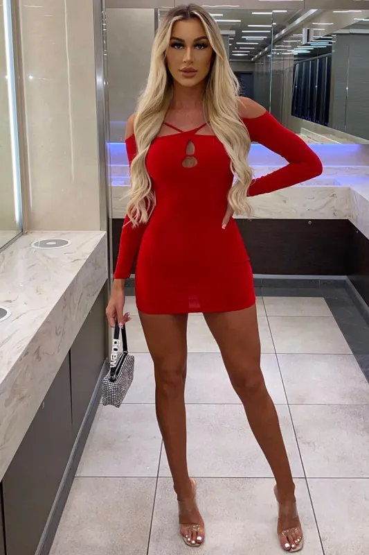 Red Cut Out Shoulders Slinky Mini Dress - Selena sold by Rebellious Fashion
