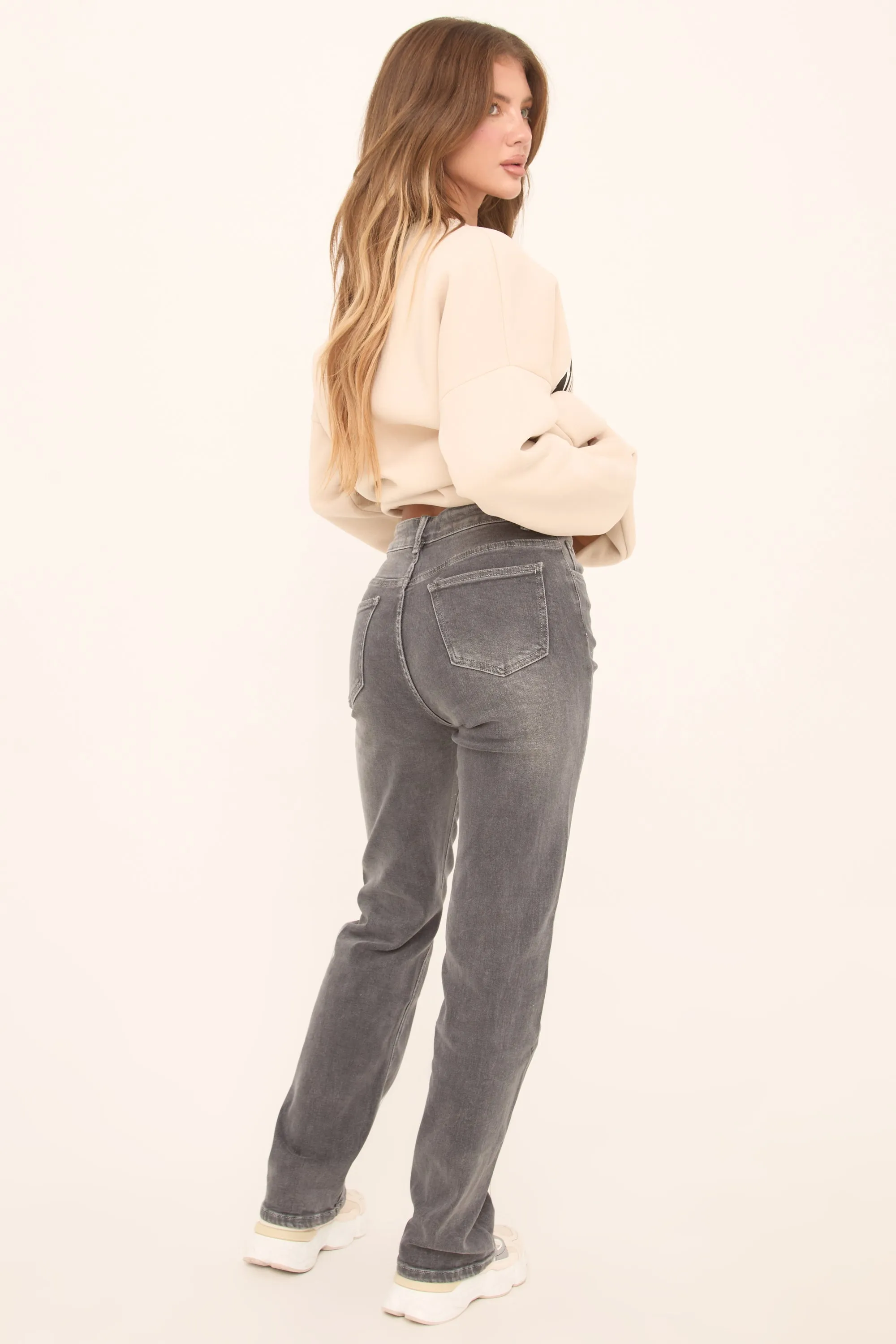 Tall Dark Grey Stretch High Waist Straight Leg Denim Jeans - Rowan sold by Rebellious Fashion product image thumbnail 5