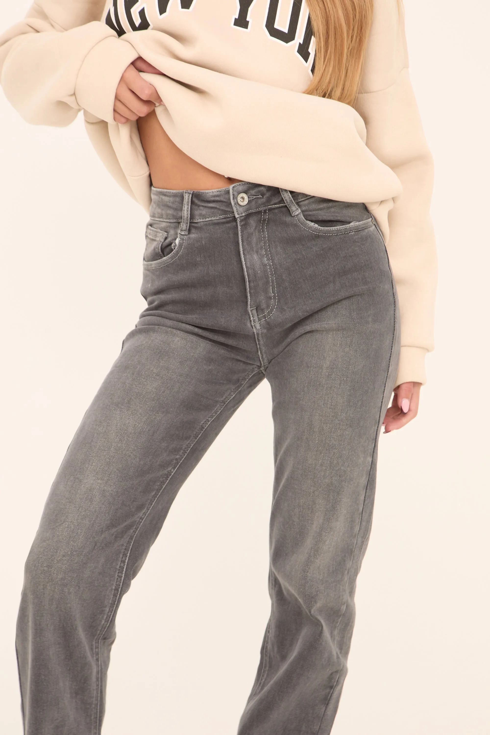 Tall Dark Grey Stretch High Waist Straight Leg Denim Jeans - Rowan sold by Rebellious Fashion product image thumbnail 4