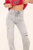 Light Grey Stretch Distressed Mid Waist Straight Leg Jeans - Helena sold by Rebellious Fashion