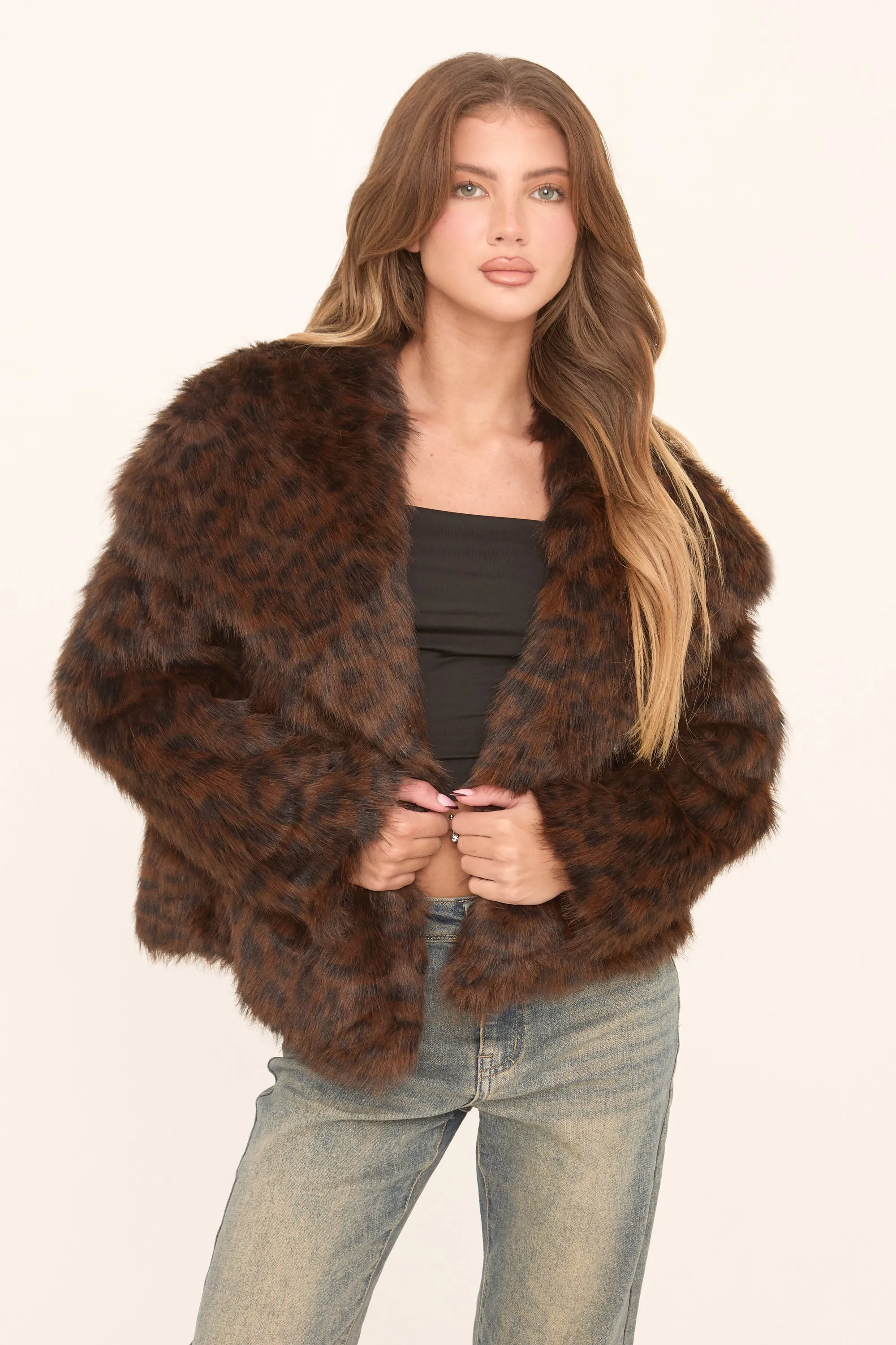 Brown Leopard Print Faux Fur Cropped Coat - Dania sold by Rebellious Fashion