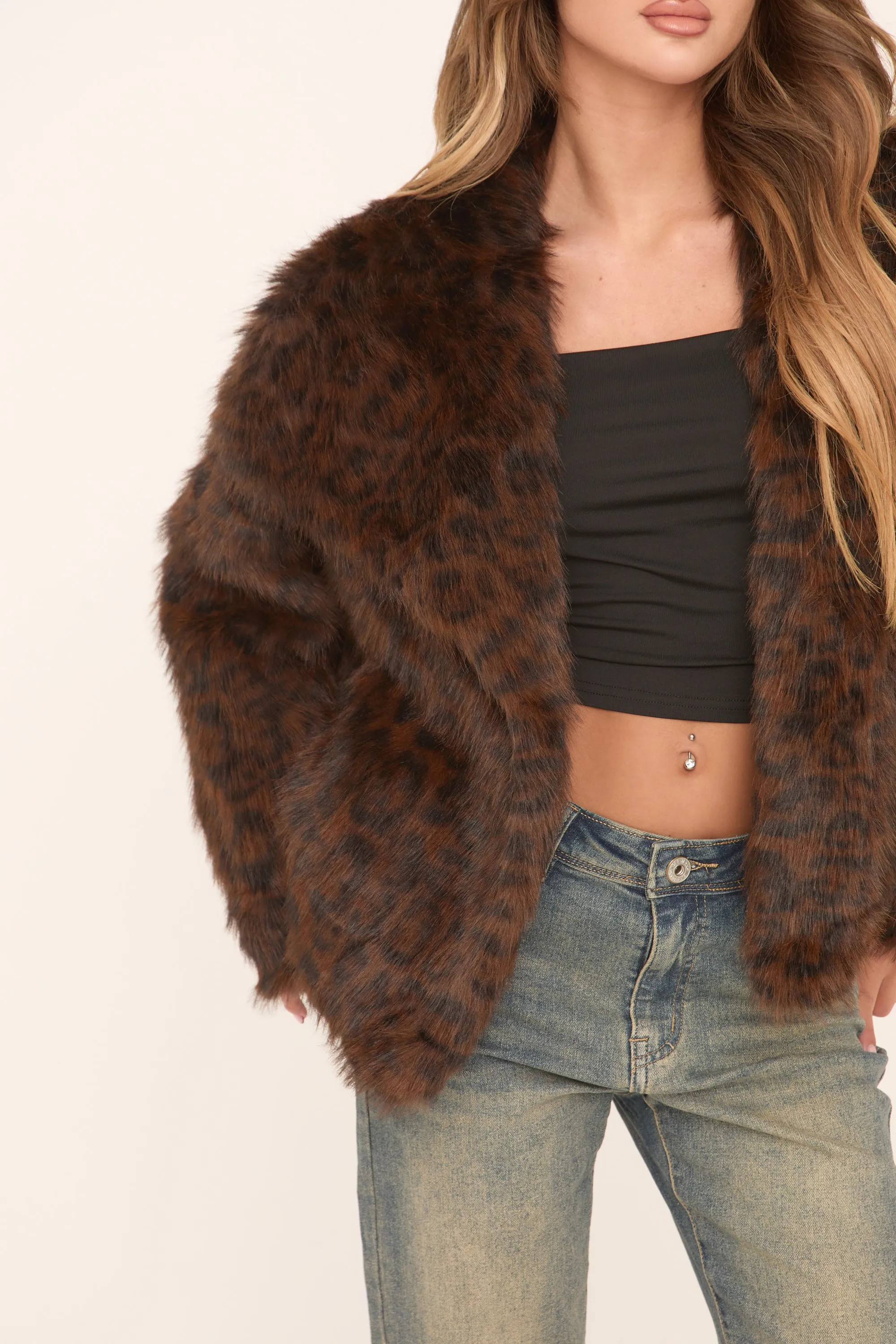 Brown Leopard Print Faux Fur Cropped Coat - Dania sold by Rebellious Fashion product image thumbnail 4