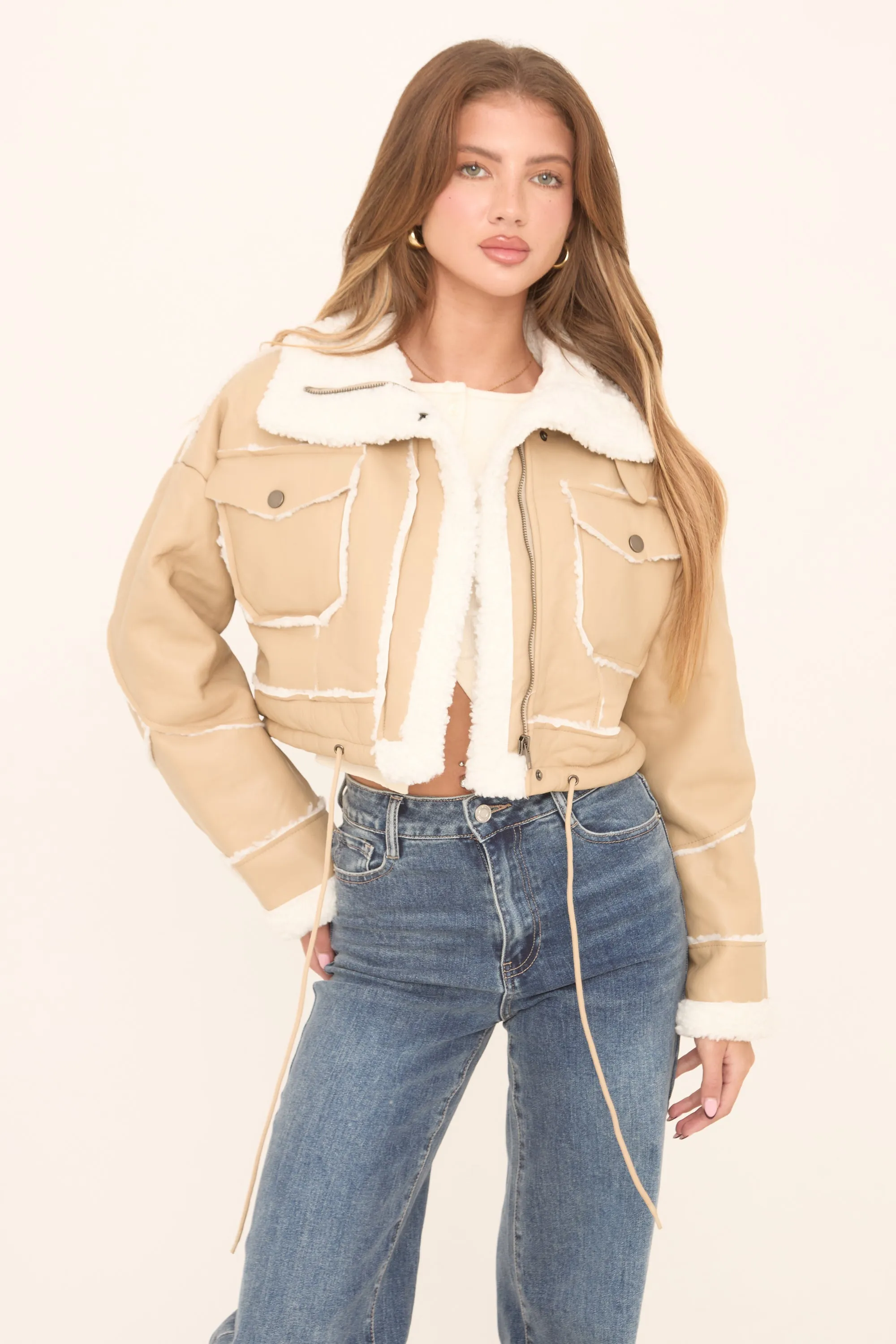 Beige Faux Leather Shearling Aviator Cropped Jacket - Avani sold by Rebellious Fashion