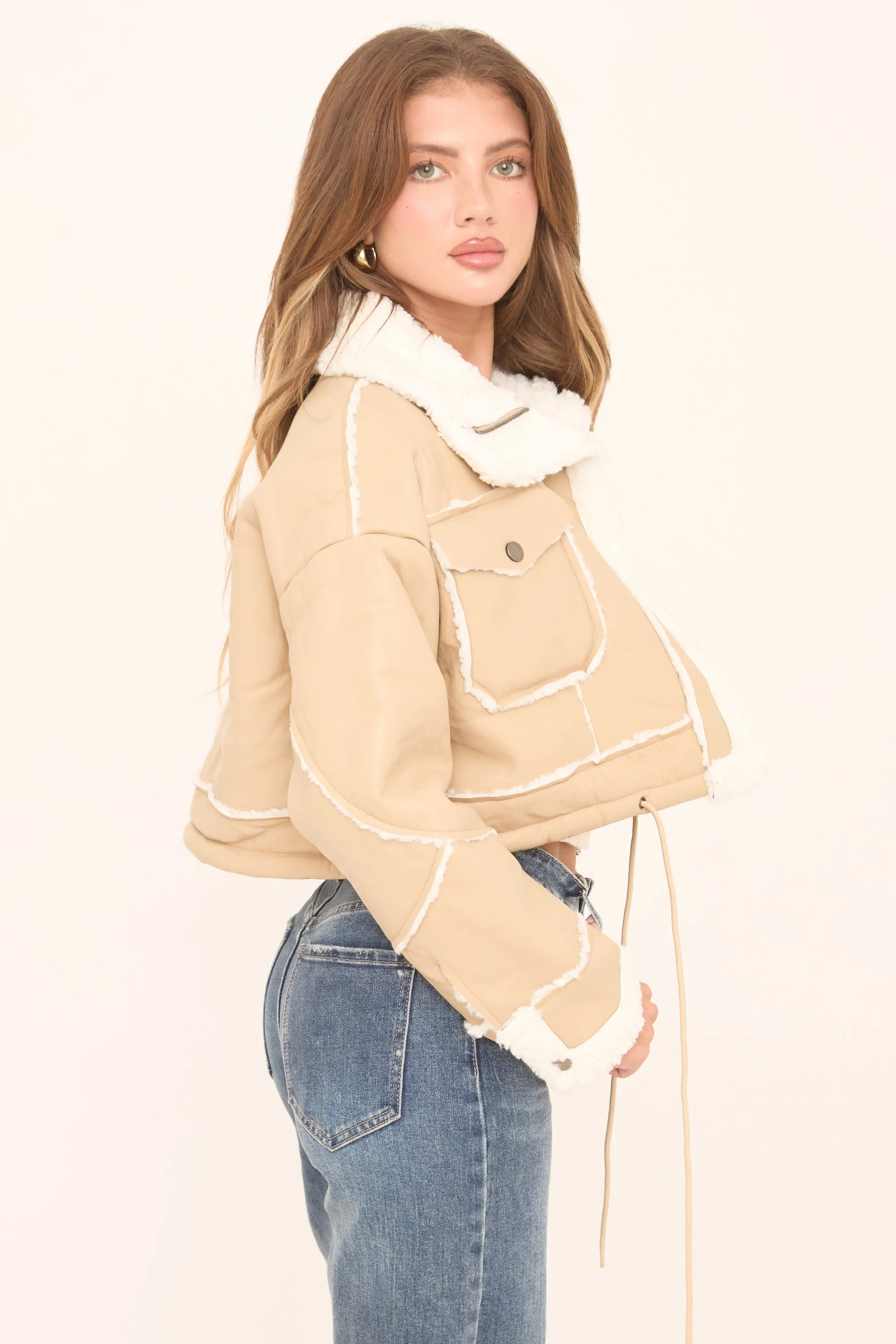 Beige Faux Leather Shearling Aviator Cropped Jacket - Avani sold by Rebellious Fashion product image thumbnail 5
