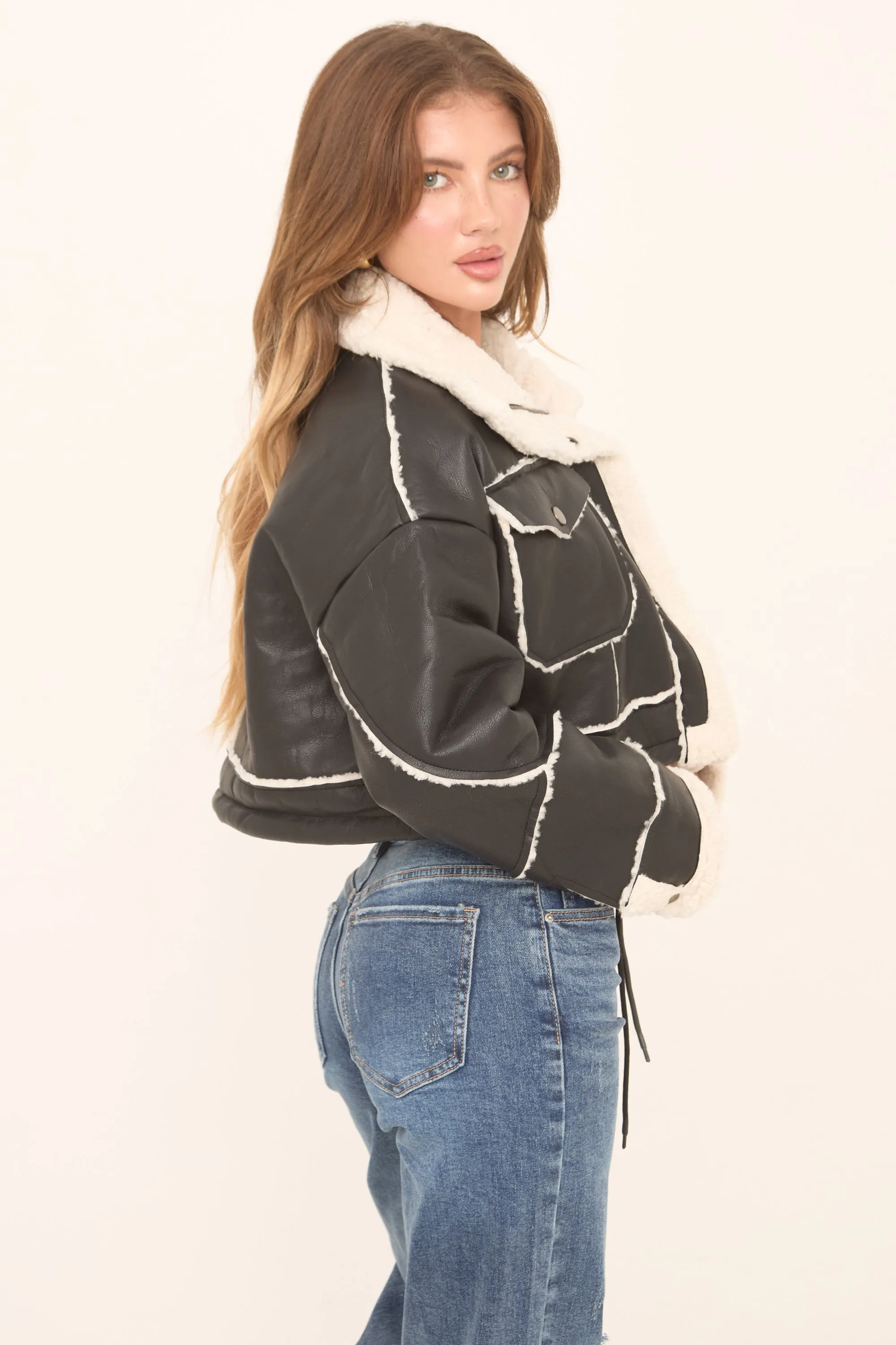 Black Faux Leather Shearling Aviator Cropped Jacket - Avani sold by Rebellious Fashion product image thumbnail 5