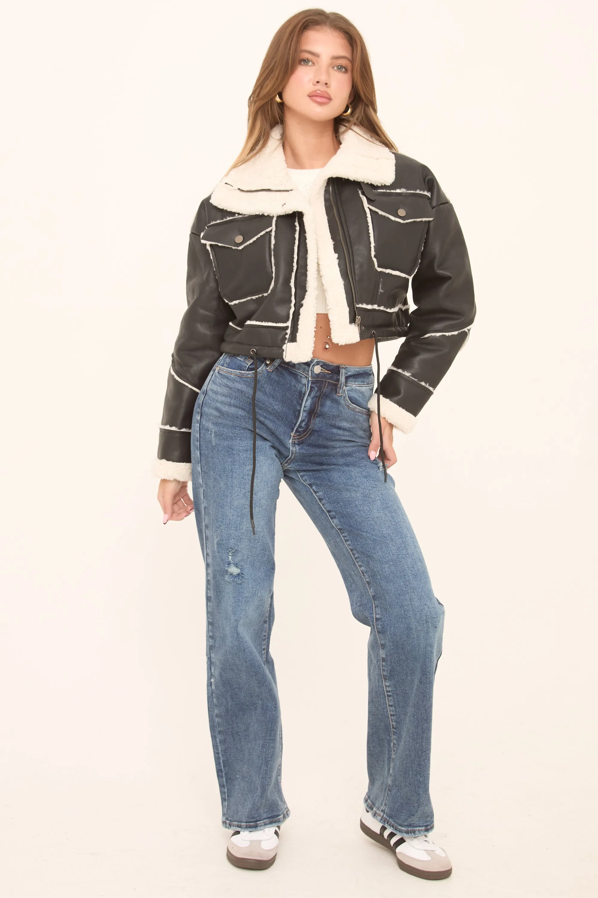 Black Faux Leather Shearling Aviator Cropped Jacket - Avani sold by Rebellious Fashion product image thumbnail 3
