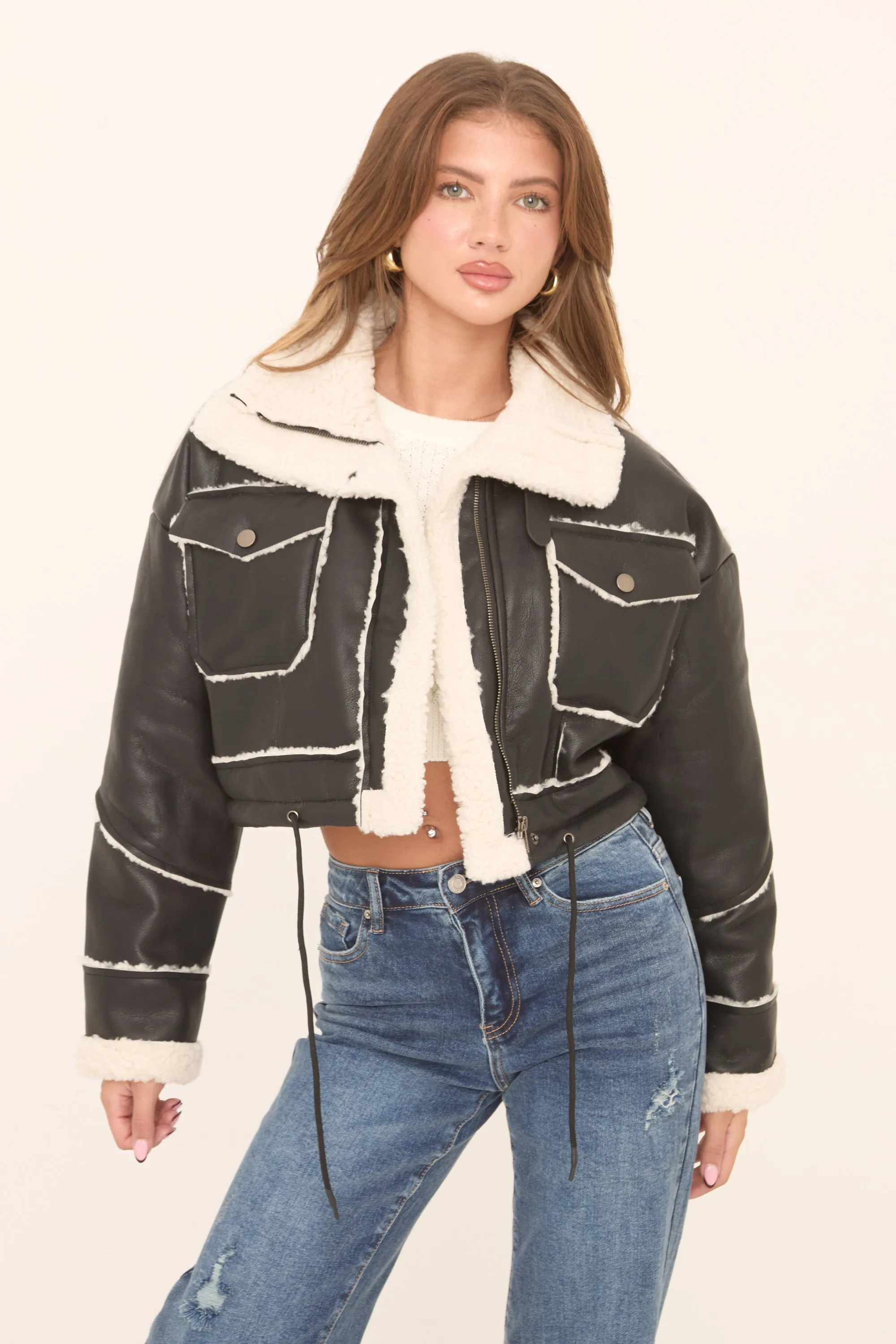 Black Faux Leather Shearling Aviator Cropped Jacket - Avani sold by Rebellious Fashion