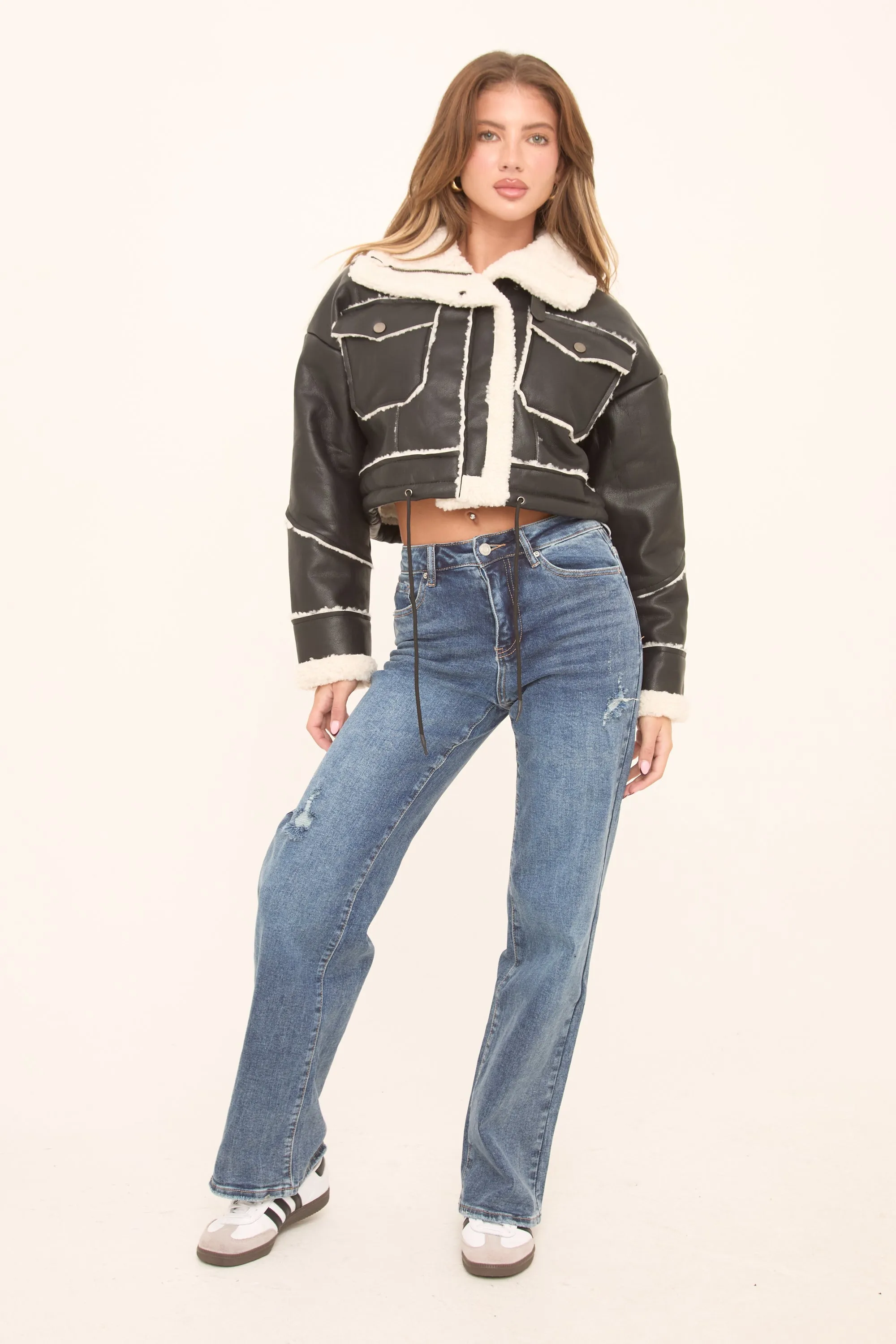 Black Faux Leather Shearling Aviator Cropped Jacket - Avani sold by Rebellious Fashion product image thumbnail 2