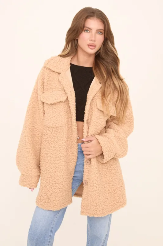 Camel Sherpa Oversized Longline Long Sleeves Shacket - Agnes sold by Rebellious Fashion