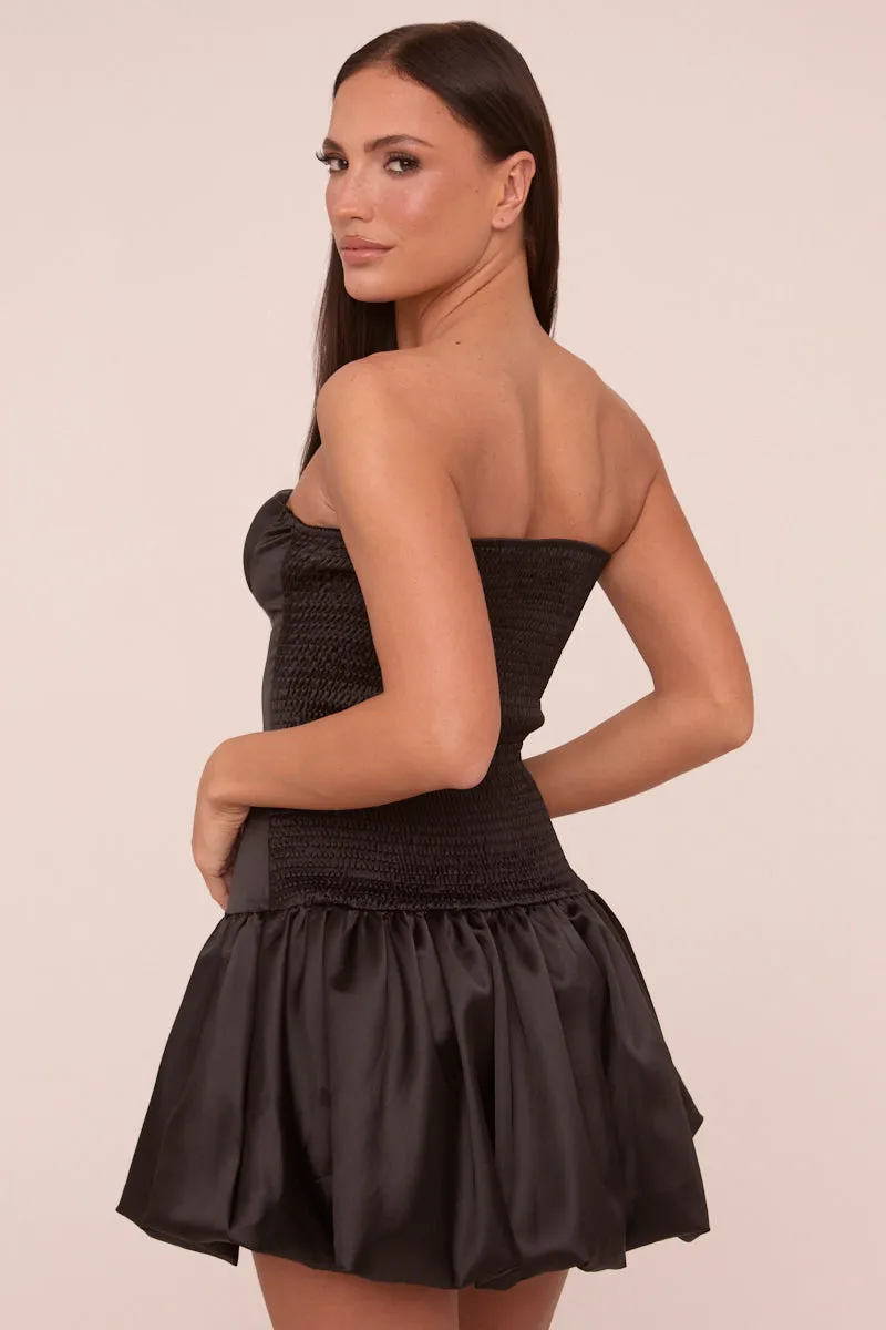 Black Satin Bandeau Puffball Mini Dress - Stacy sold by Rebellious Fashion product image thumbnail 5