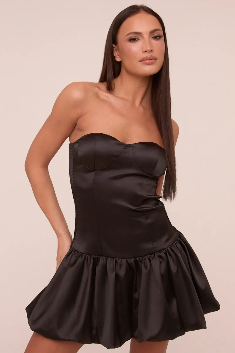 Black Satin Bandeau Puffball Mini Dress - Stacy sold by Rebellious Fashion