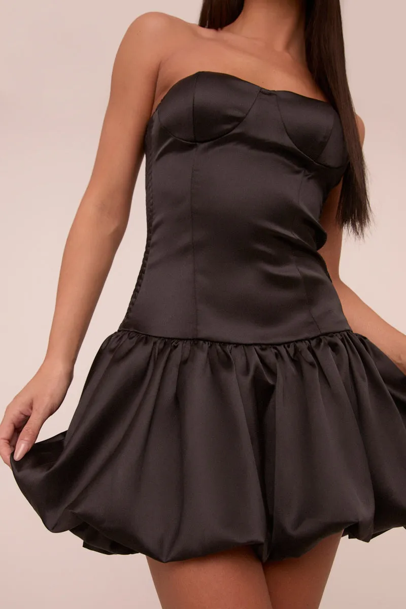 Black Satin Bandeau Puffball Mini Dress - Stacy sold by Rebellious Fashion product image thumbnail 4