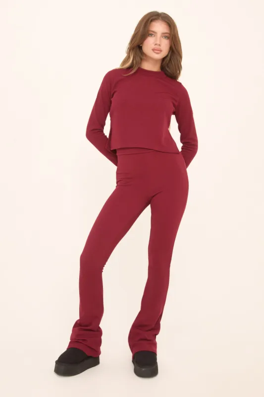 Burgundy Round Neck Oversized Long Sleeves Top & Kick Flare Trousers Co-ord Set - Blanche sold by Rebellious Fashion