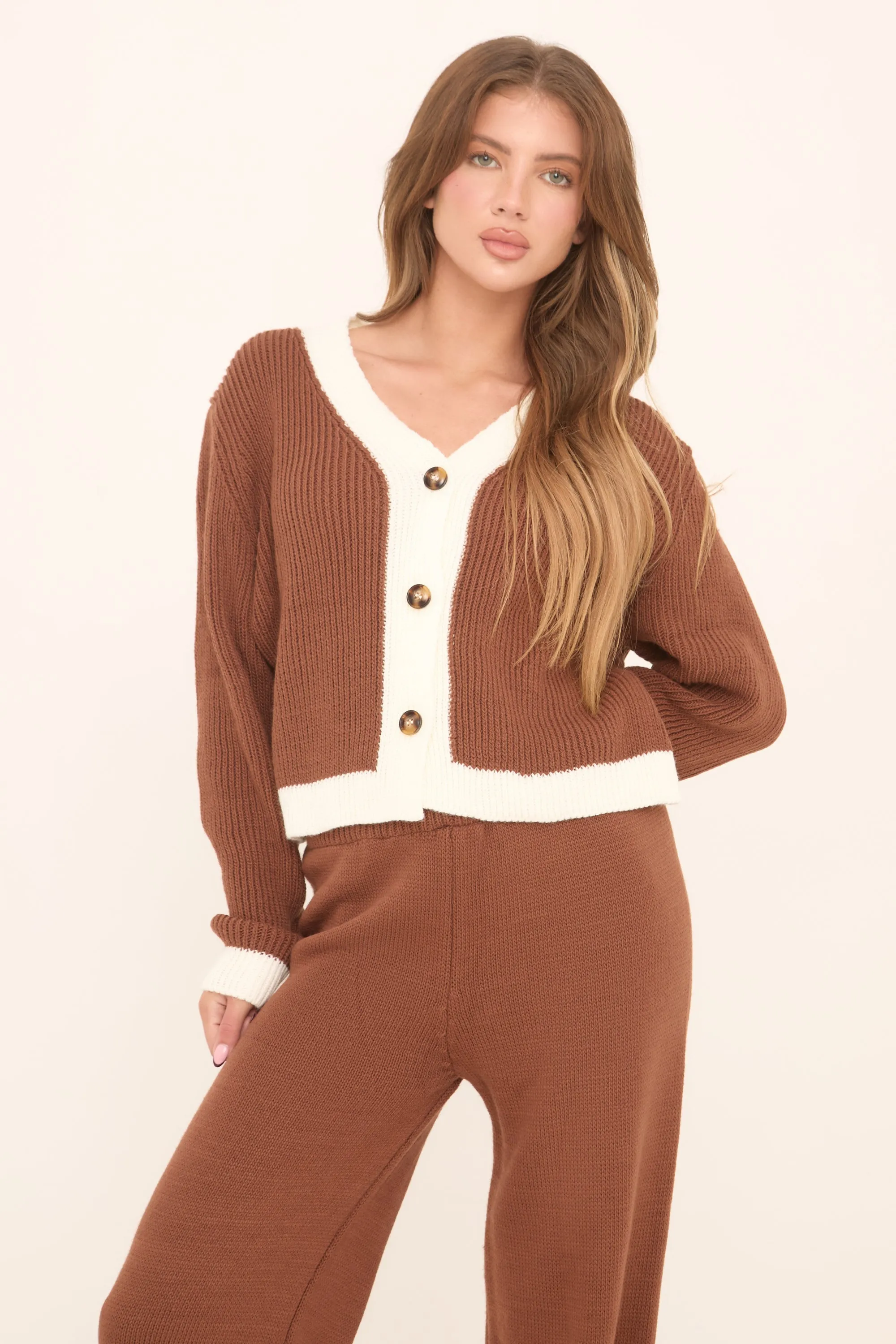Brown Knit Contrast Button Up Front Cardigan & Straight Leg Trousers Co-ord Set - Eileen sold by Rebellious Fashion product image thumbnail 3