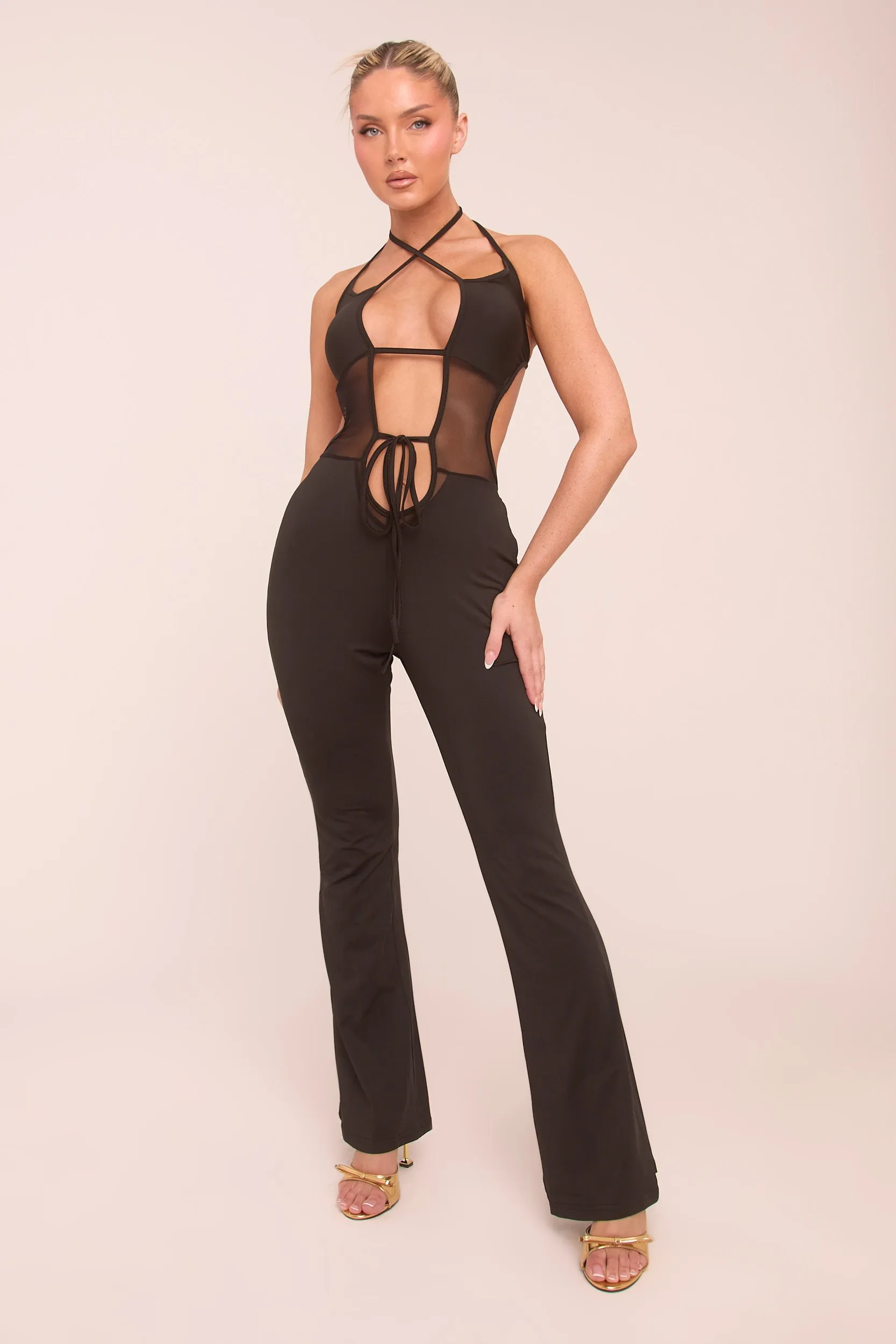 Black Cut Out Mesh Panel Halter Neck Jumpsuit - Edwina sold by Rebellious Fashion