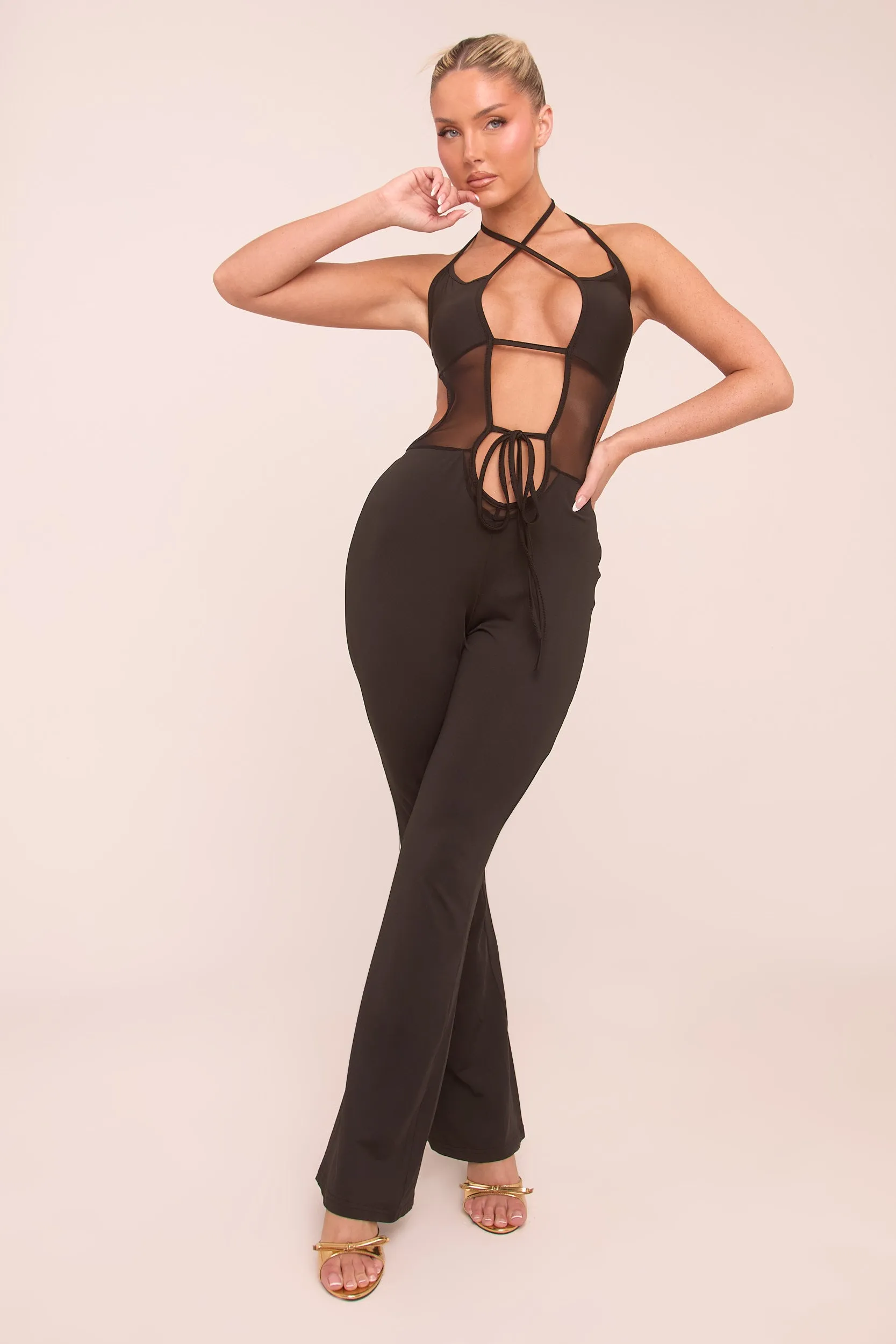Black Cut Out Mesh Panel Halter Neck Jumpsuit - Edwina sold by Rebellious Fashion product image thumbnail 2