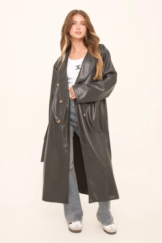 Black Faux Leather Double Breasted Oversized Longline Trench Coat - Ethel sold by Rebellious Fashion