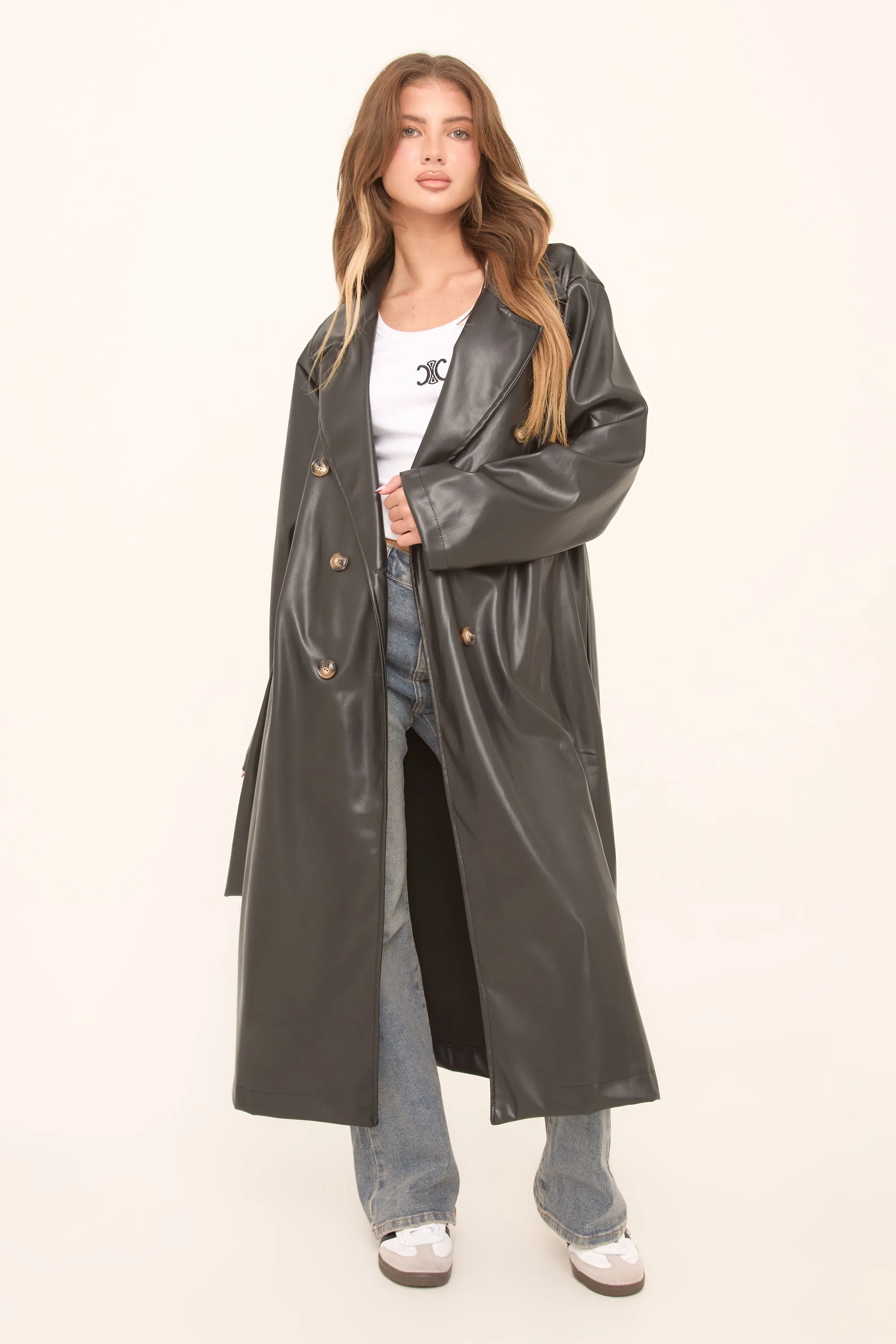 Black Faux Leather Double Breasted Oversized Longline Trench Coat - Ethel sold by Rebellious Fashion