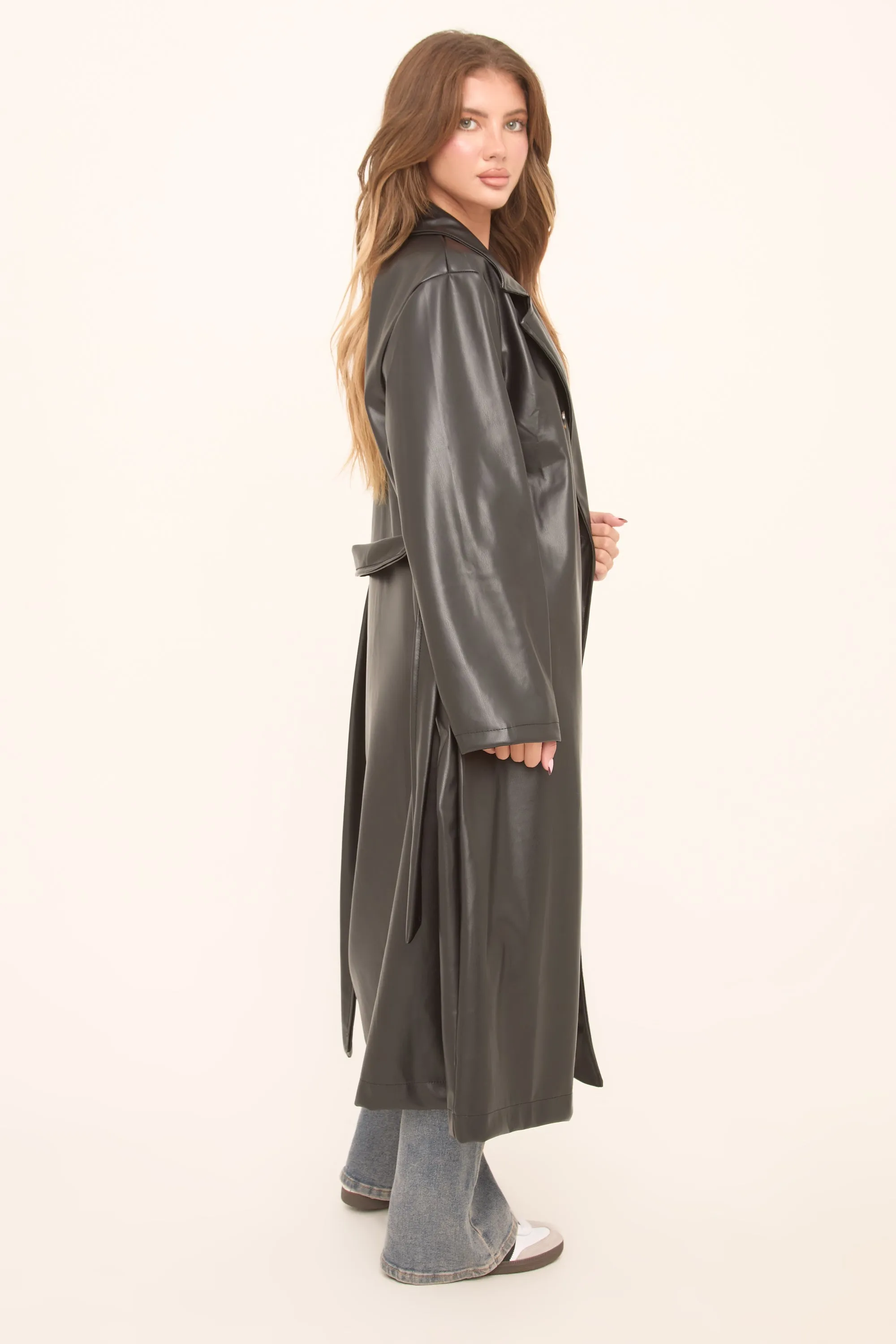 Black Faux Leather Double Breasted Oversized Longline Trench Coat - Ethel sold by Rebellious Fashion product image thumbnail 5
