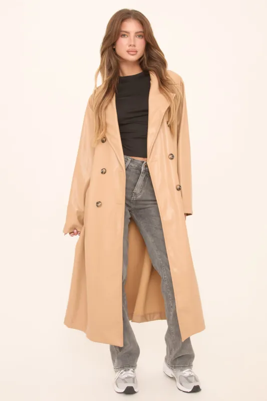 Camel Faux Leather Double Breasted Oversized Longline Trench Coat - Ethel sold by Rebellious Fashion
