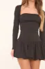 Black Square Neck Long Sleeves Puffball Mini Dress - Glenda sold by Rebellious Fashion