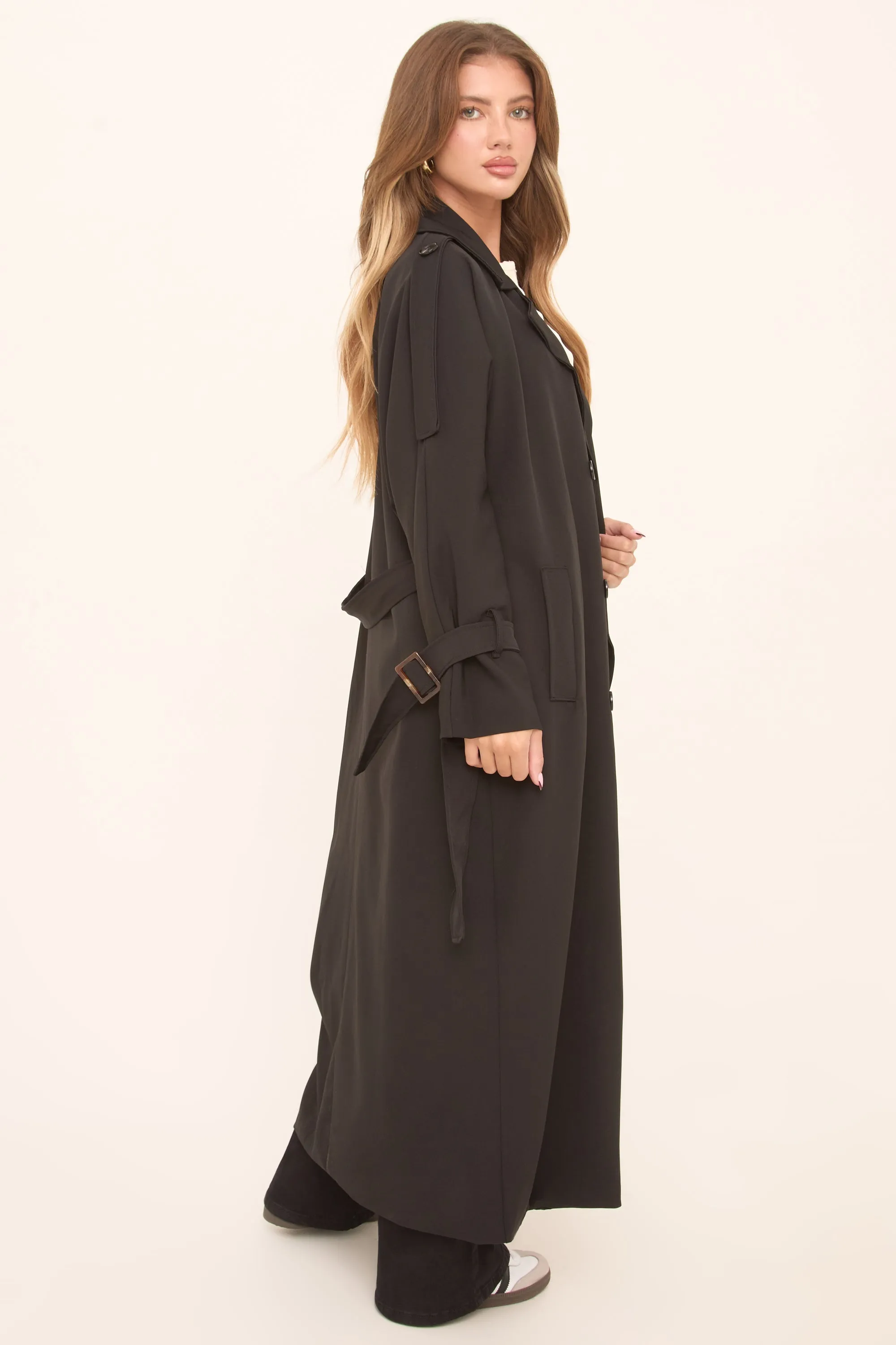 Black Double Breasted Tie Sleeve Longline Oversized Trench Coat - Annmarie sold by Rebellious Fashion product image thumbnail 5