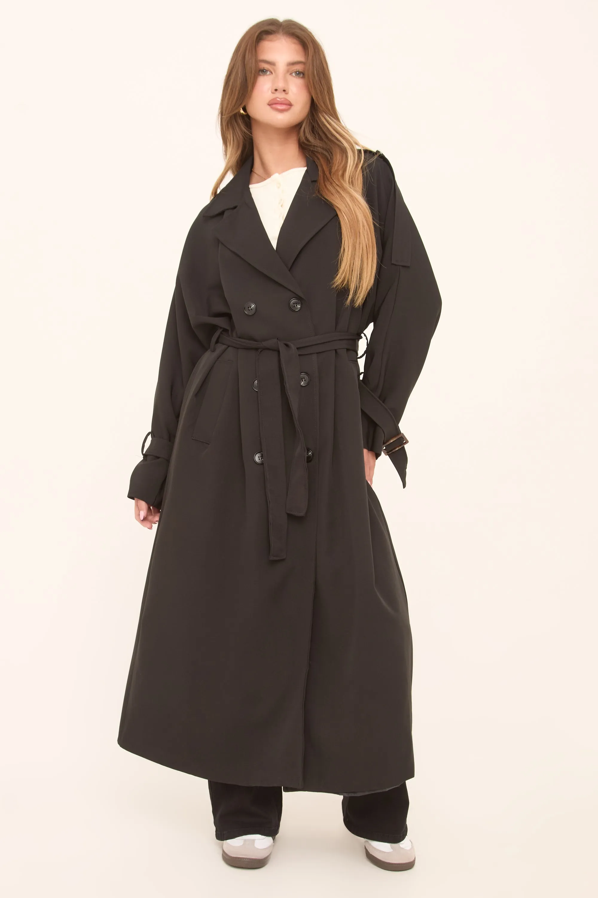 Black Double Breasted Tie Sleeve Longline Oversized Trench Coat - Annmarie sold by Rebellious Fashion