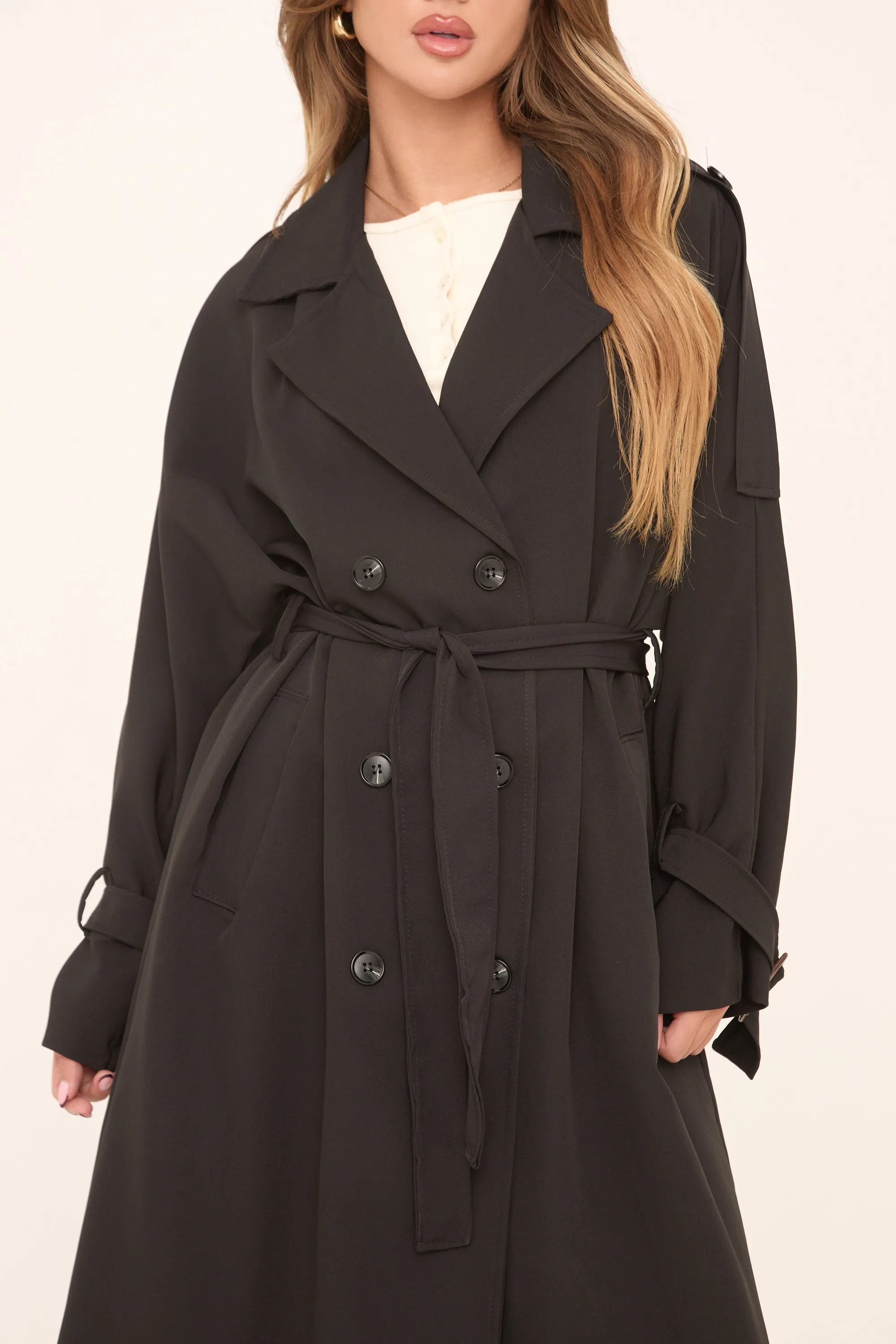 Black Double Breasted Tie Sleeve Longline Oversized Trench Coat - Annmarie sold by Rebellious Fashion product image thumbnail 2