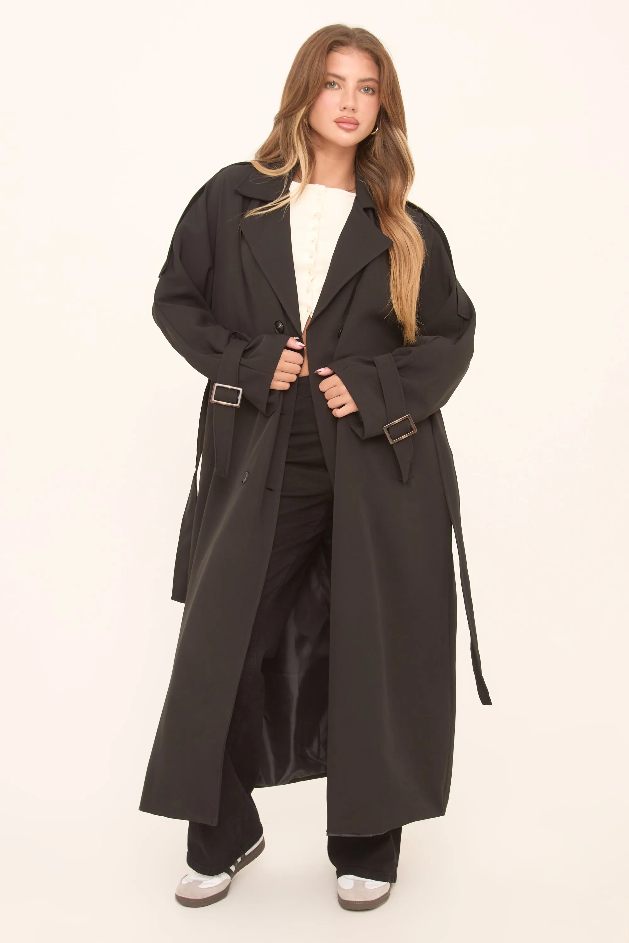 Black Double Breasted Tie Sleeve Longline Oversized Trench Coat - Annmarie sold by Rebellious Fashion product image thumbnail 3