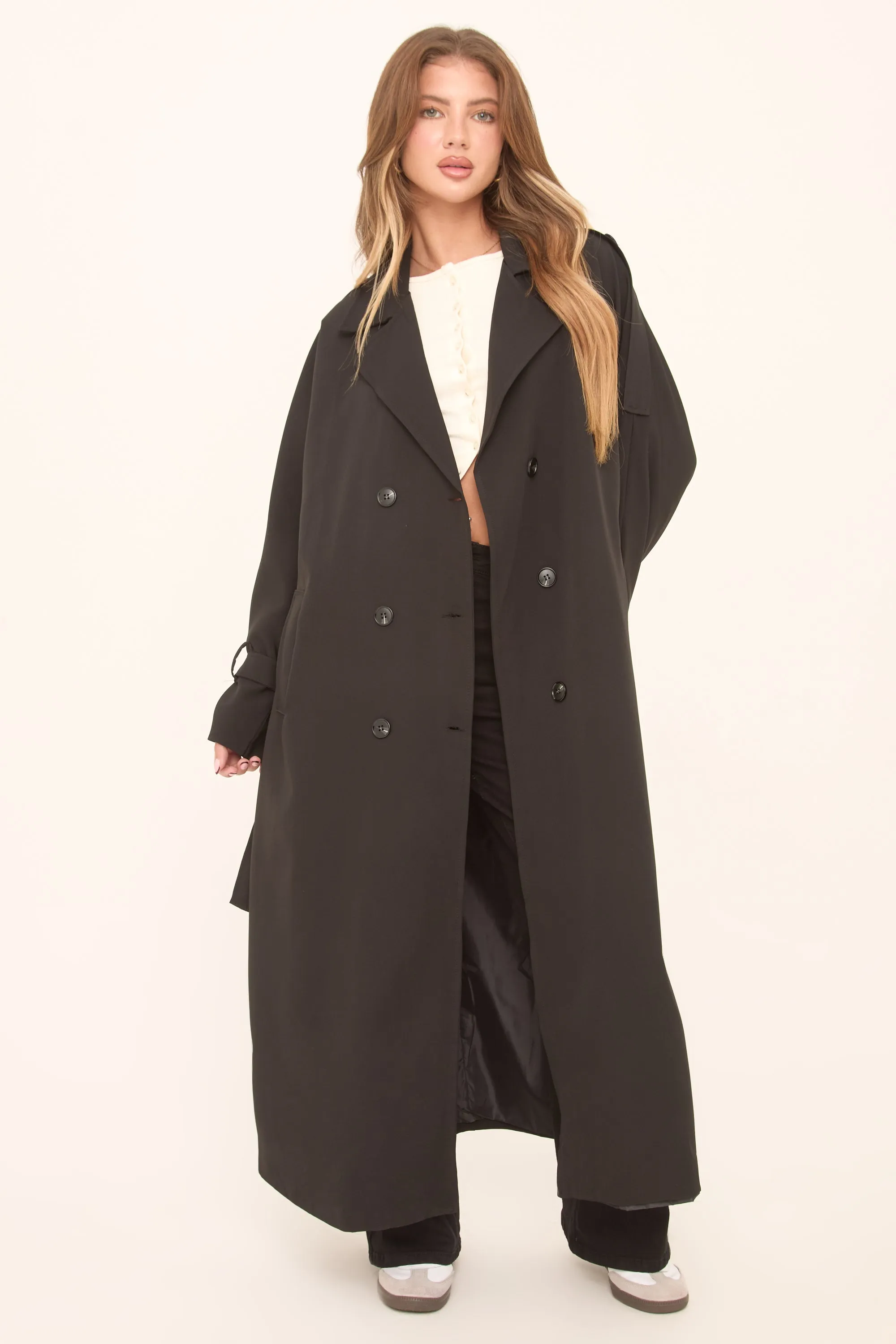 Black Double Breasted Tie Sleeve Longline Oversized Trench Coat - Annmarie sold by Rebellious Fashion product image thumbnail 4