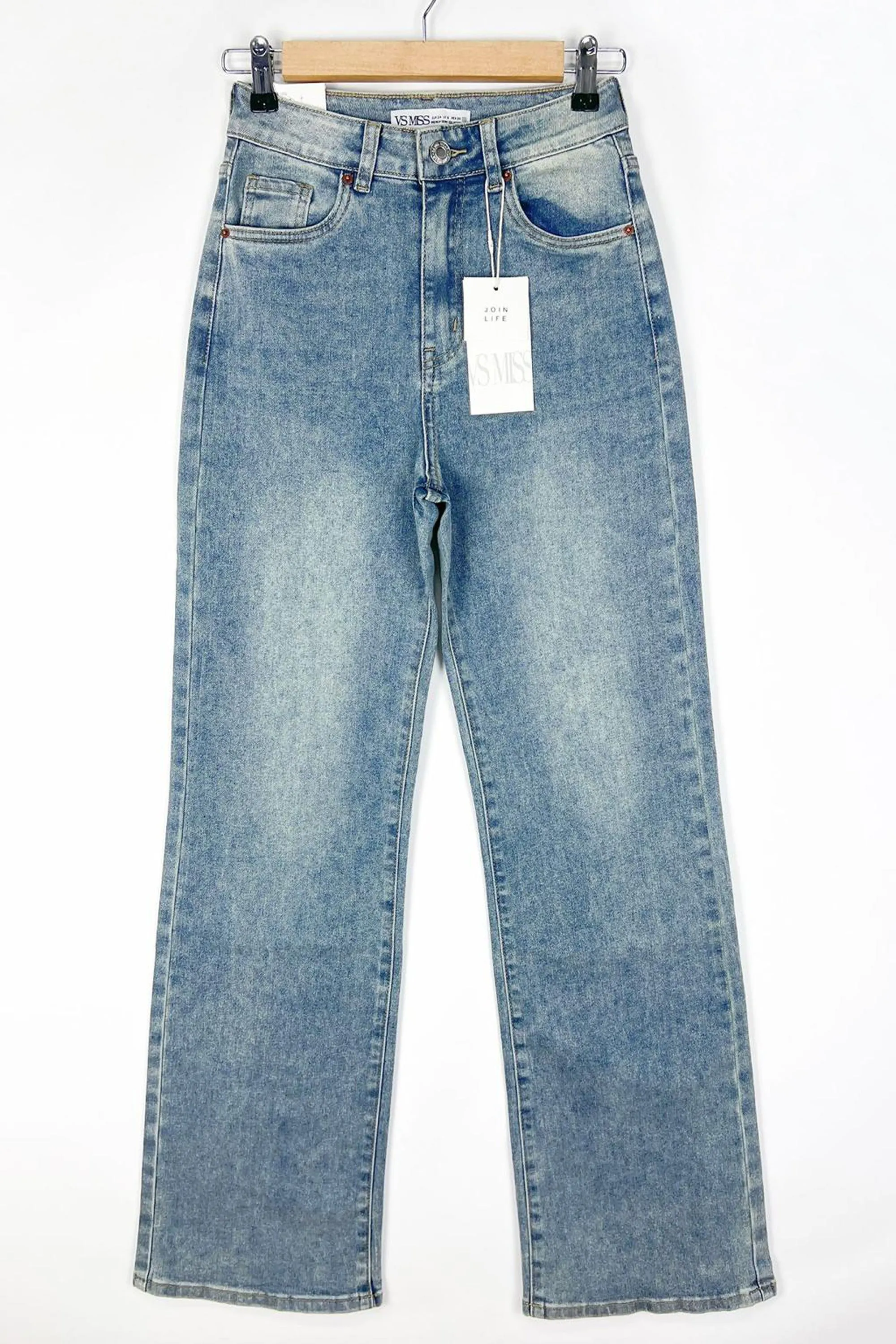 Washed Mid Blue Stretch Straight Leg Jeans - Brianna sold by Rebellious Fashion