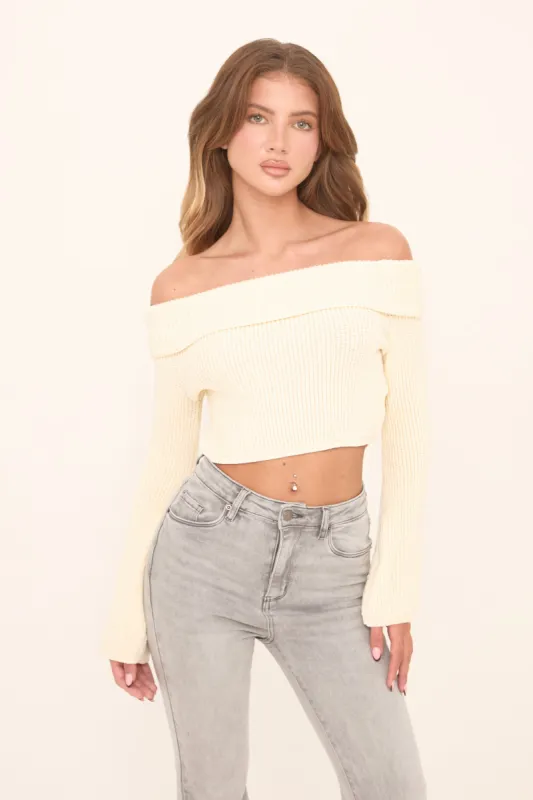 Cream Knit Bardot Long sleeves Cropped Jumper Top - Roberta sold by Rebellious Fashion
