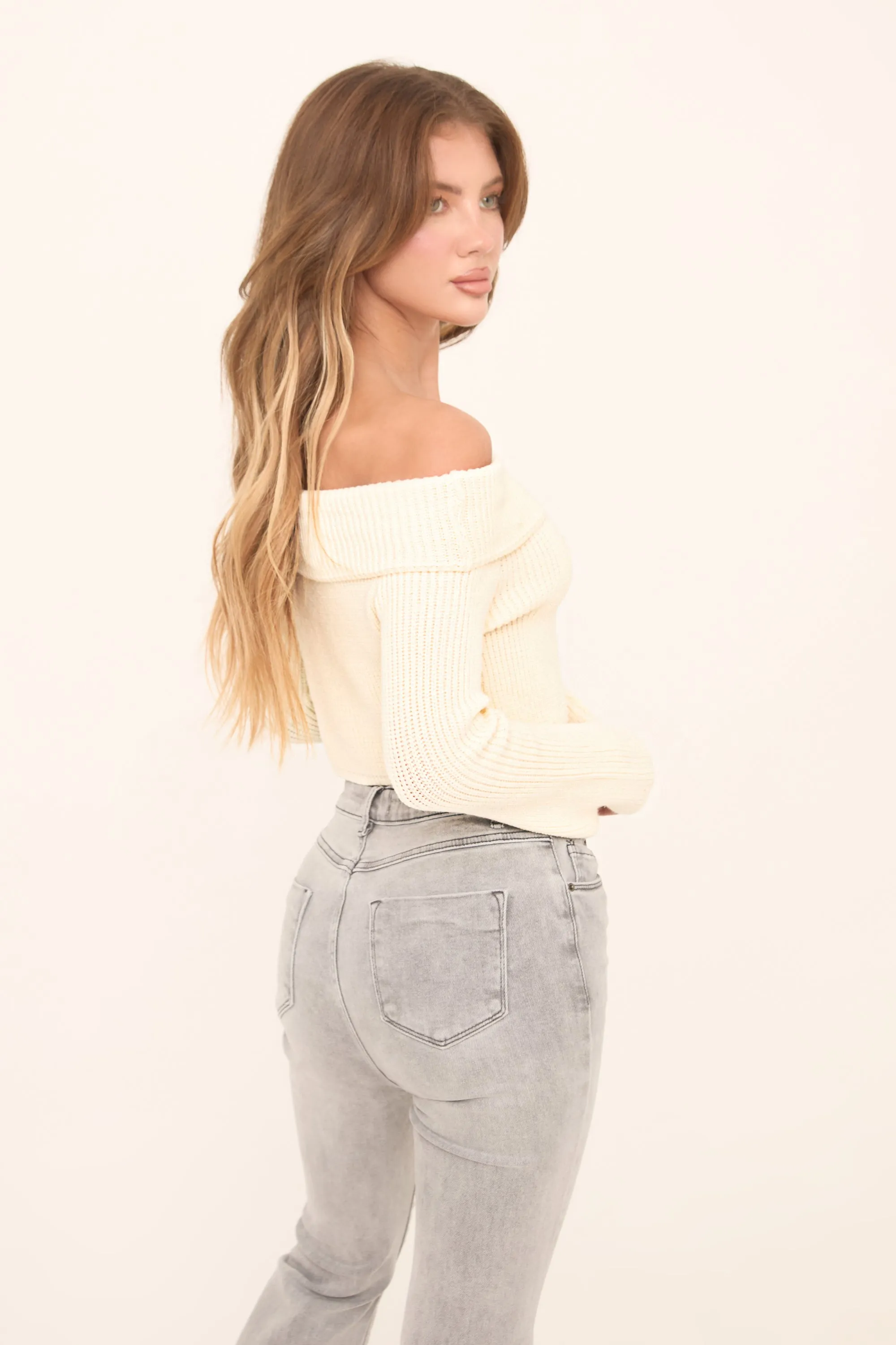 Cream Knit Bardot Long sleeves Cropped Jumper Top - Roberta sold by Rebellious Fashion product image thumbnail 4