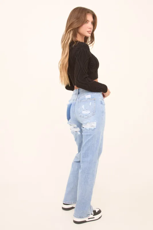 Light Blue Stretch Distressed Mid Waist Straight Leg Jeans -  Annette sold by Rebellious Fashion