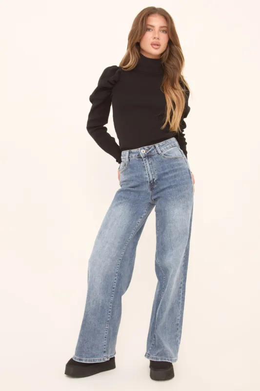 Mid Blue Stretch Wide Leg Denim Jeans - Winona sold by Rebellious Fashion
