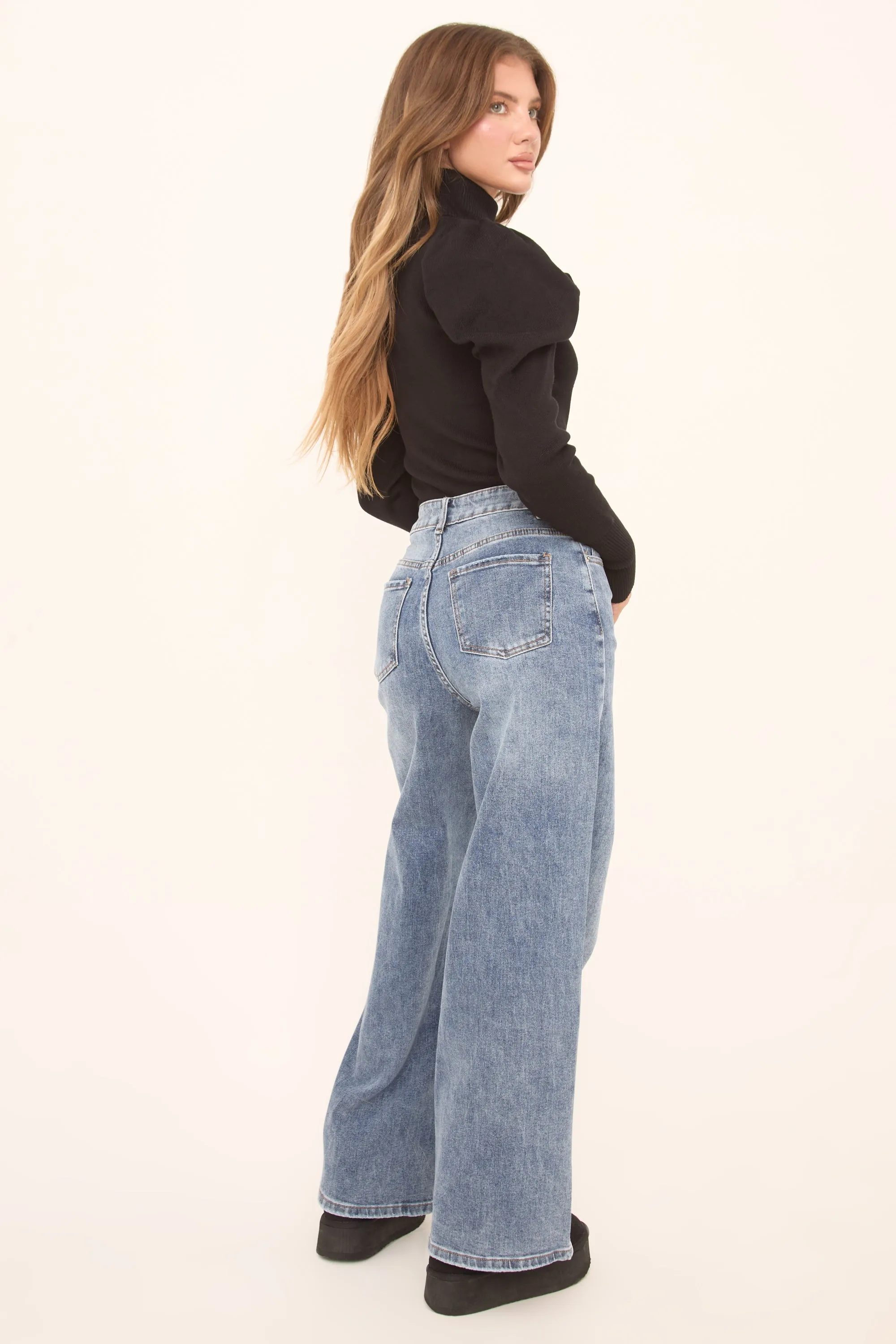 Mid Blue Stretch Wide Leg Denim Jeans - Winona sold by Rebellious Fashion product image thumbnail 5