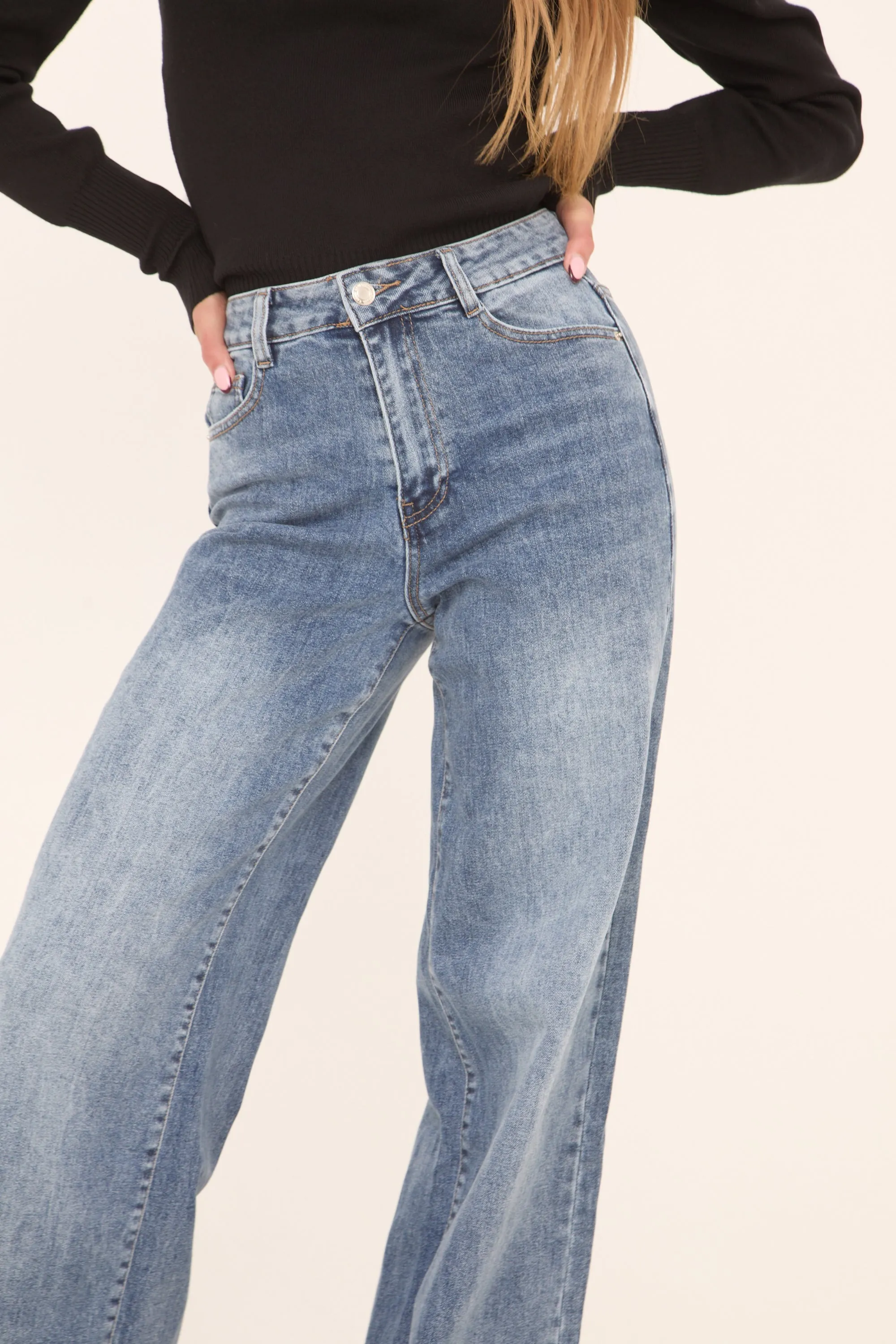 Mid Blue Stretch Wide Leg Denim Jeans - Winona sold by Rebellious Fashion product image thumbnail 4