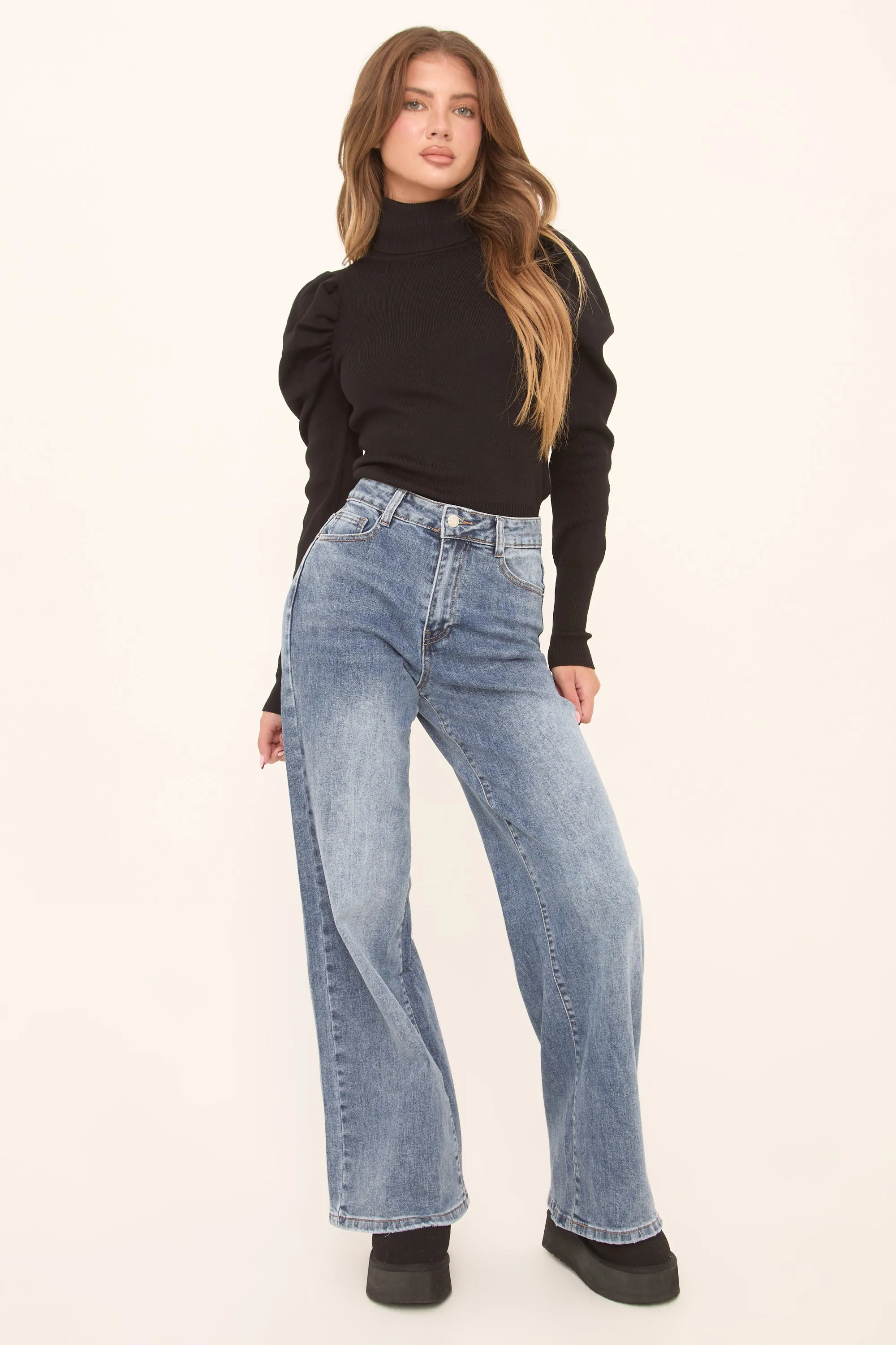 Mid Blue Stretch Wide Leg Denim Jeans - Winona sold by Rebellious Fashion product image thumbnail 3